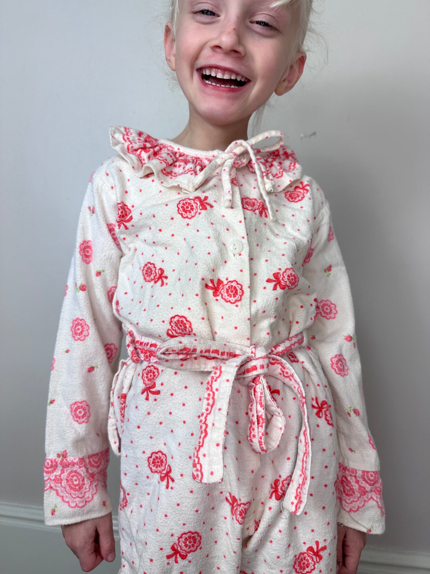 1950s Pink Floral Polka Dot Flannel Pajamas, Size 5