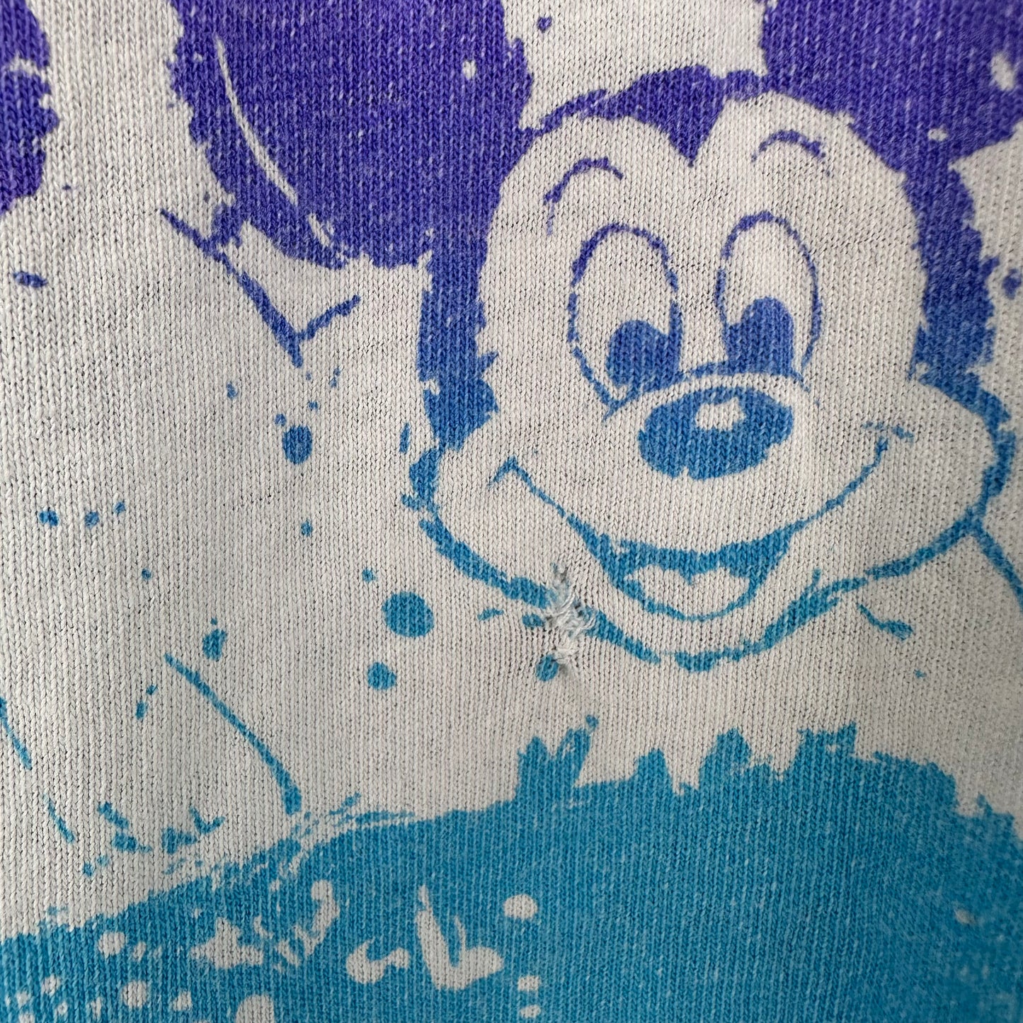 1980s/90s Mickey Mouse All Over Print T-Shirt, Stripe Splatter Paint, Walt Disney Character Fashions Size XL, Distressed