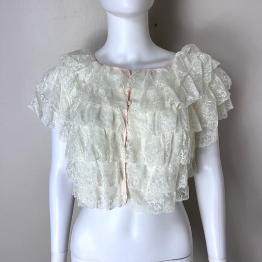 1950s Lace Ruffle Bed Jacket, Chevette Size Small