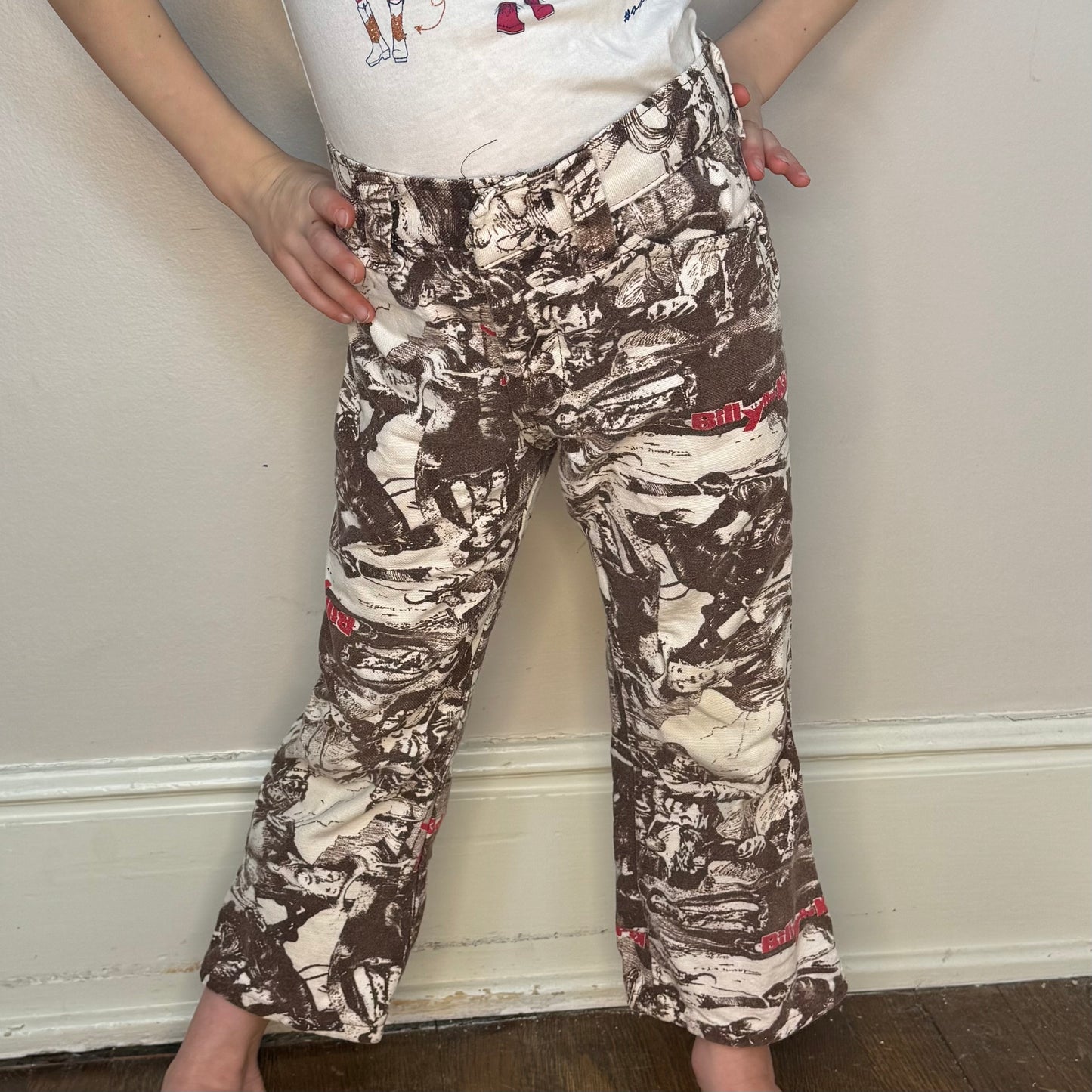 1970s Kids Billy the Kid All Over Print Jeans, Size 5/6, Wild West Outlaw