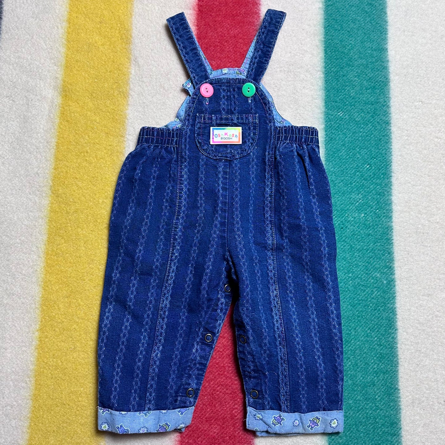 1980s/90s OshKosh Overalls, Size 12M, Stripe Denim with Neon Buttons, Dolls and Hearts Lining