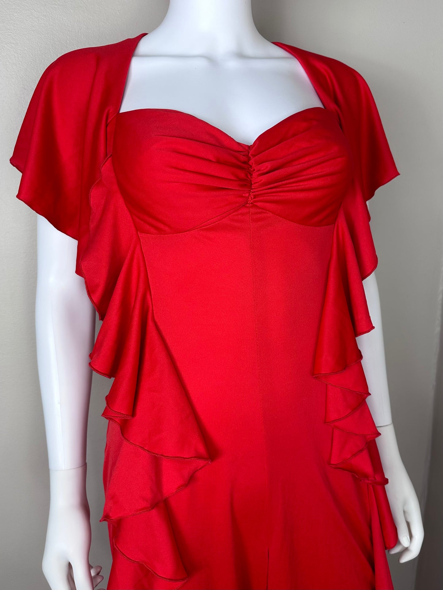 1970s Red Bellbottom Jumpsuit with Ruffles, Jack Hartley Size Small-Medium