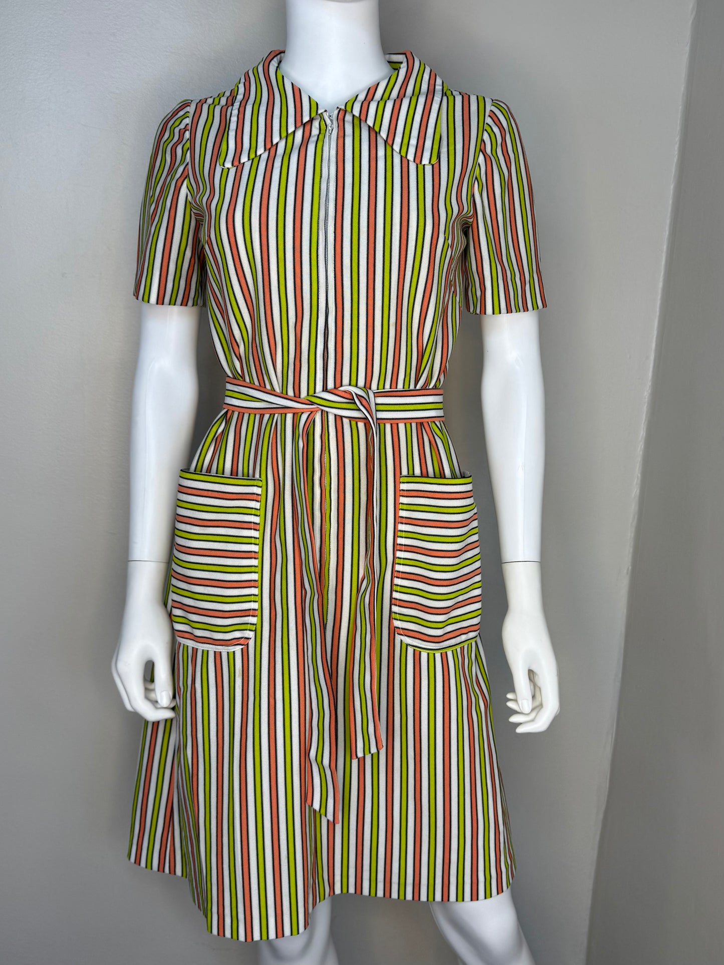 1970s Striped Mod Dress with Large Collar, Handmade, Size S/M, Double Knit Polyester Zip Front