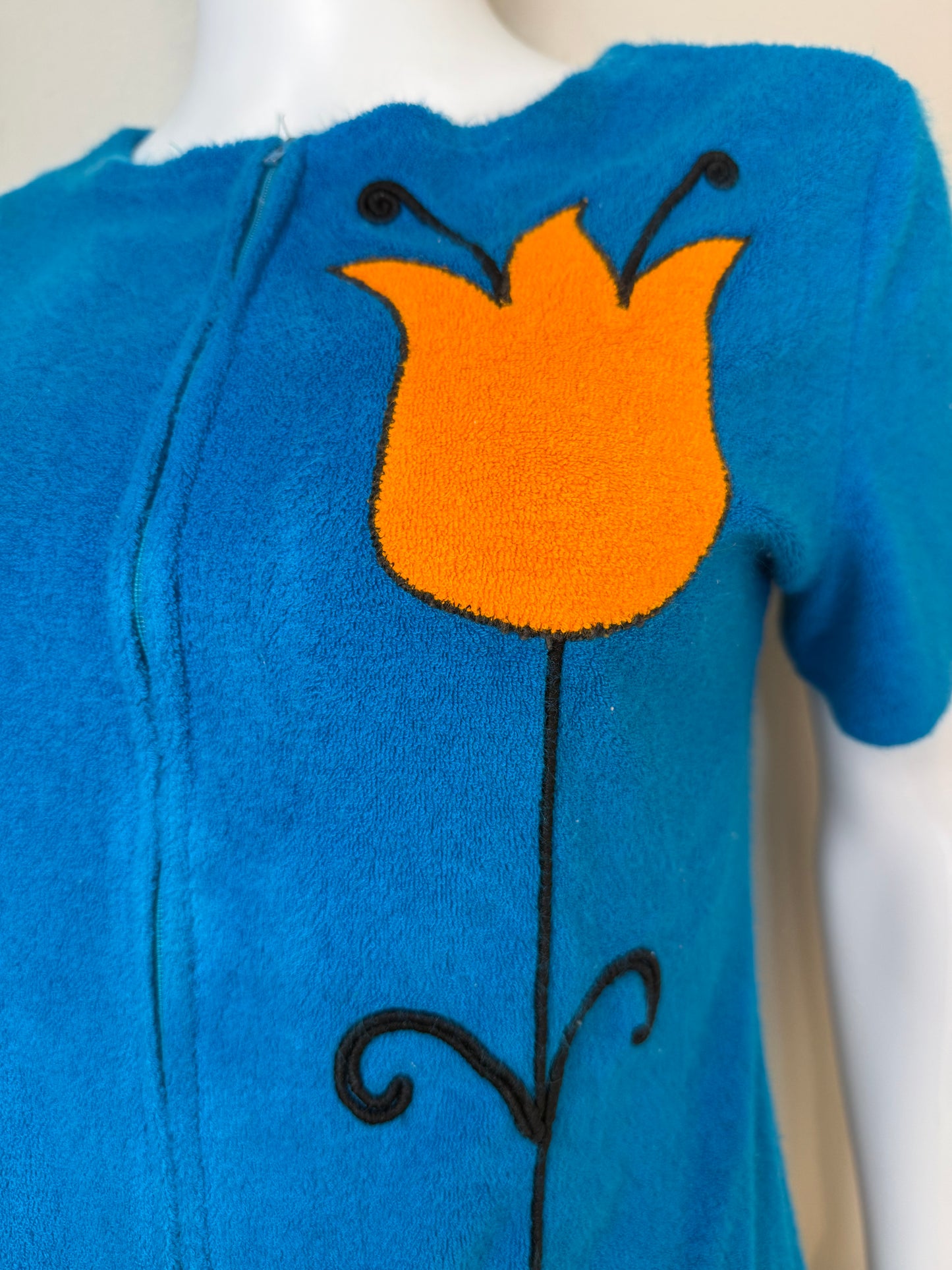 1960s Aqua Terrycloth Romper with Orange Floral Appliqué, Size Medium-Large, Zip Up Front