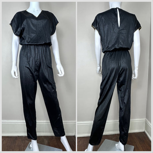 1980s Black Floral Nylon Jumpsuit, Lady Cameo Dallas Size Medium