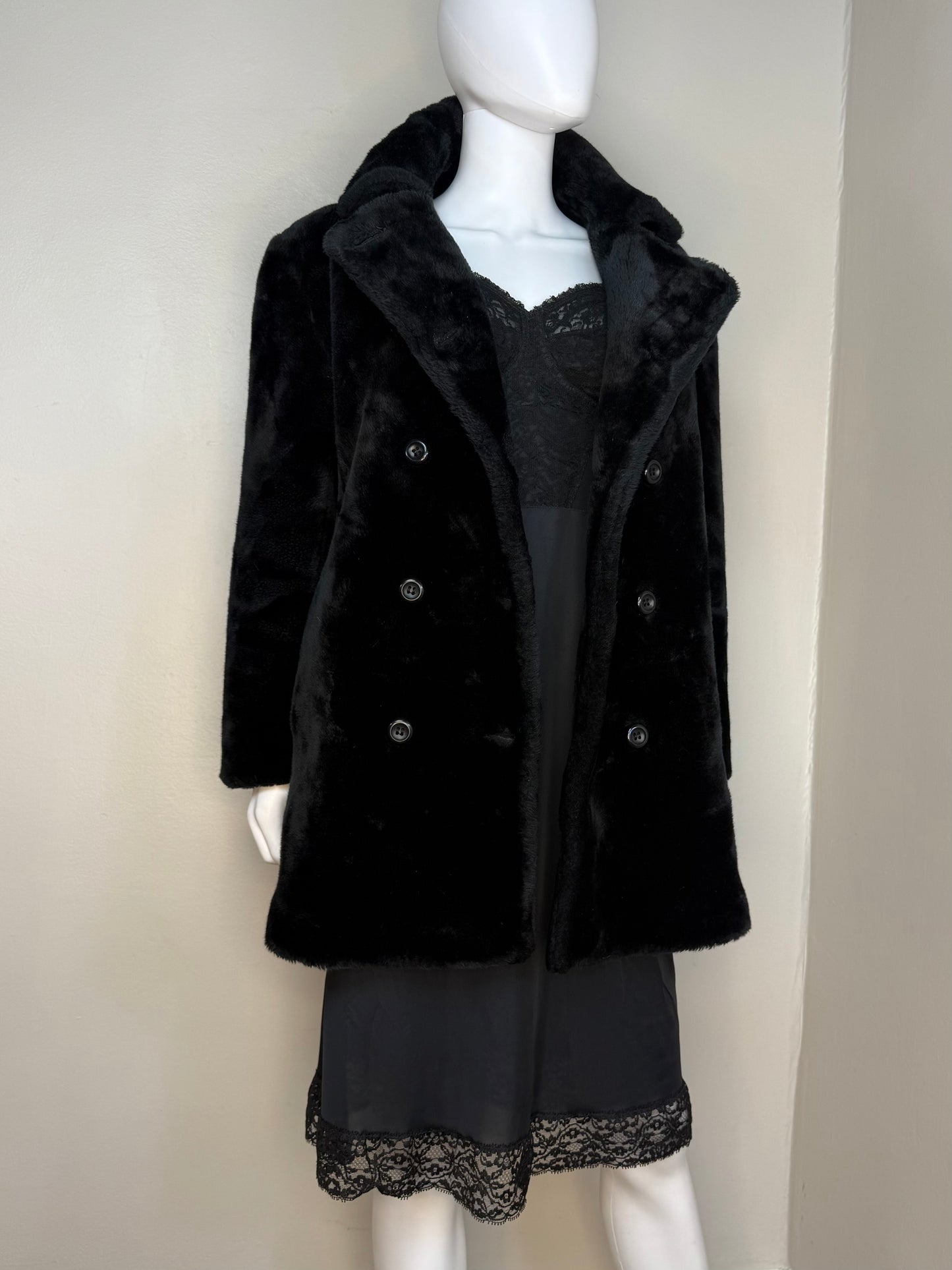 1990s Black Faux Fur Peacoat, Express Size XS-Small, Double Breasted Coat