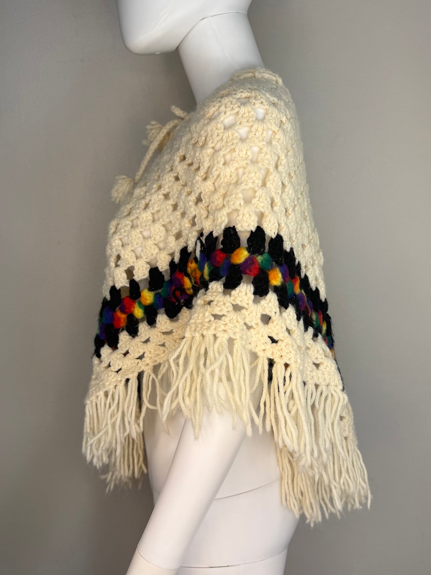 1970s Crochet Poncho with Fringe, Rainbow, Handmade