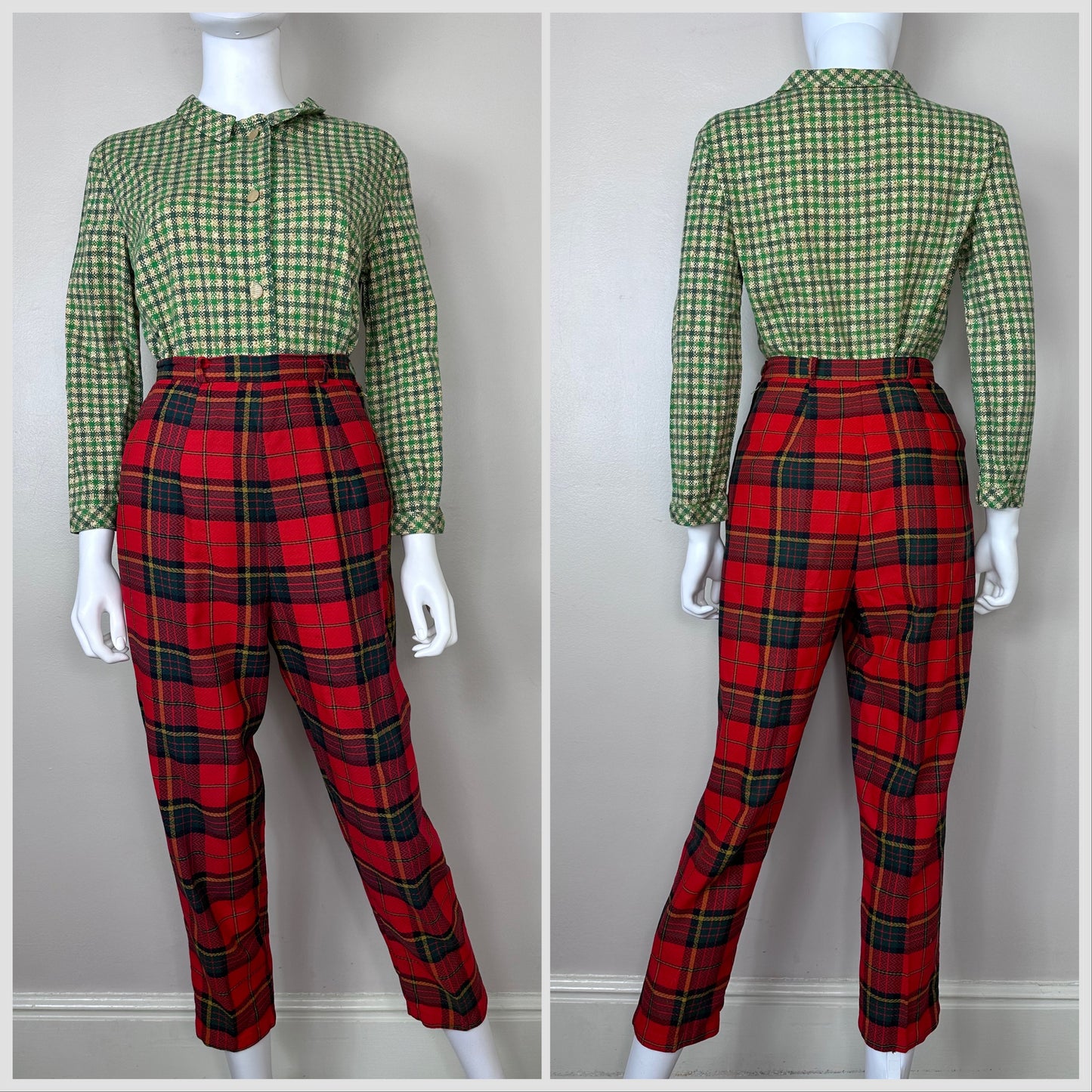 1950s/60s Cropped Red Plaid Pants, Side Zip Size XS, 24.5"x25"