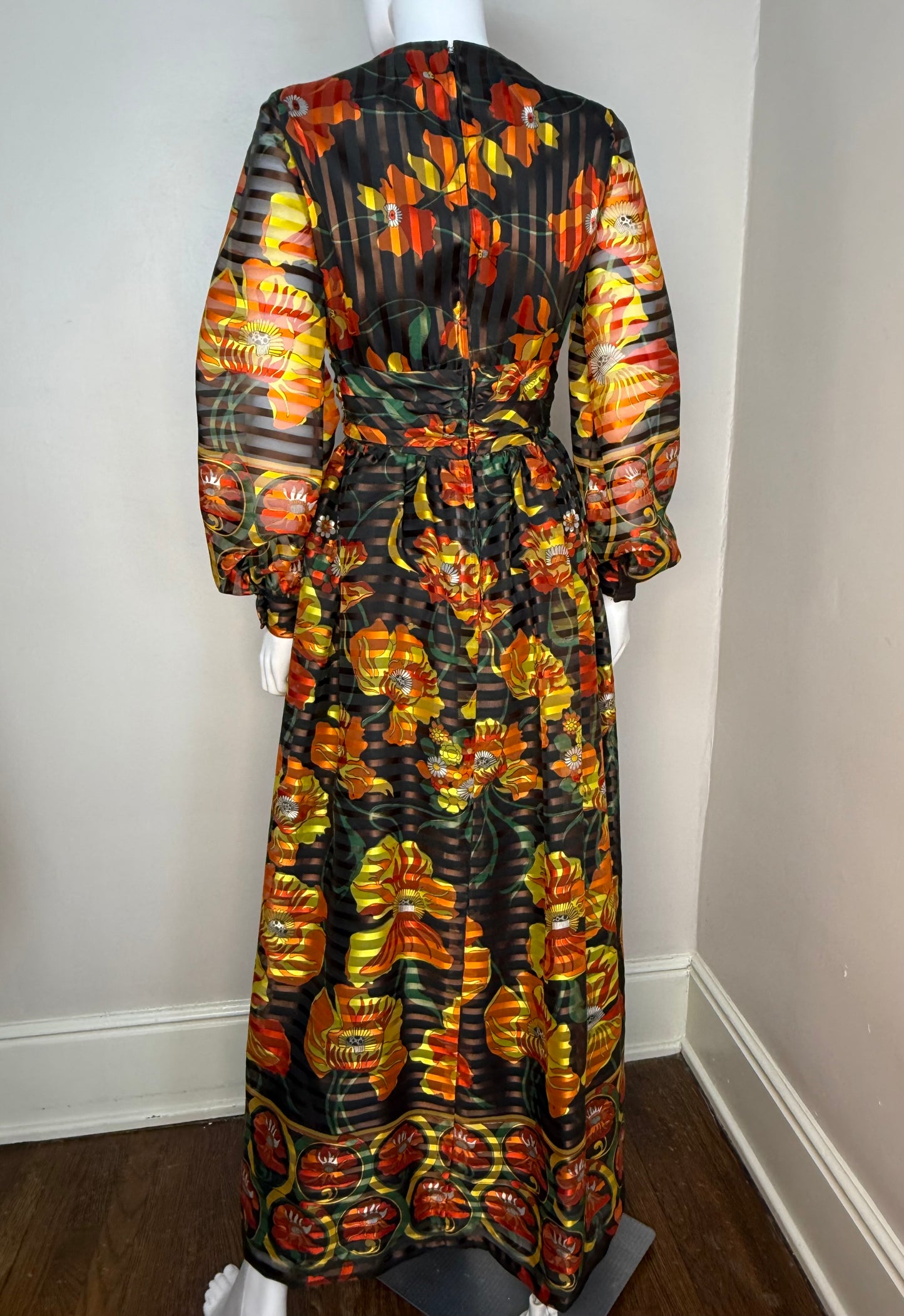 1970s Orange Floral Maxi Dress, Long Sleeve Formal, Balloon Sleeves, Morton Myles for Smith and Jones Size XS