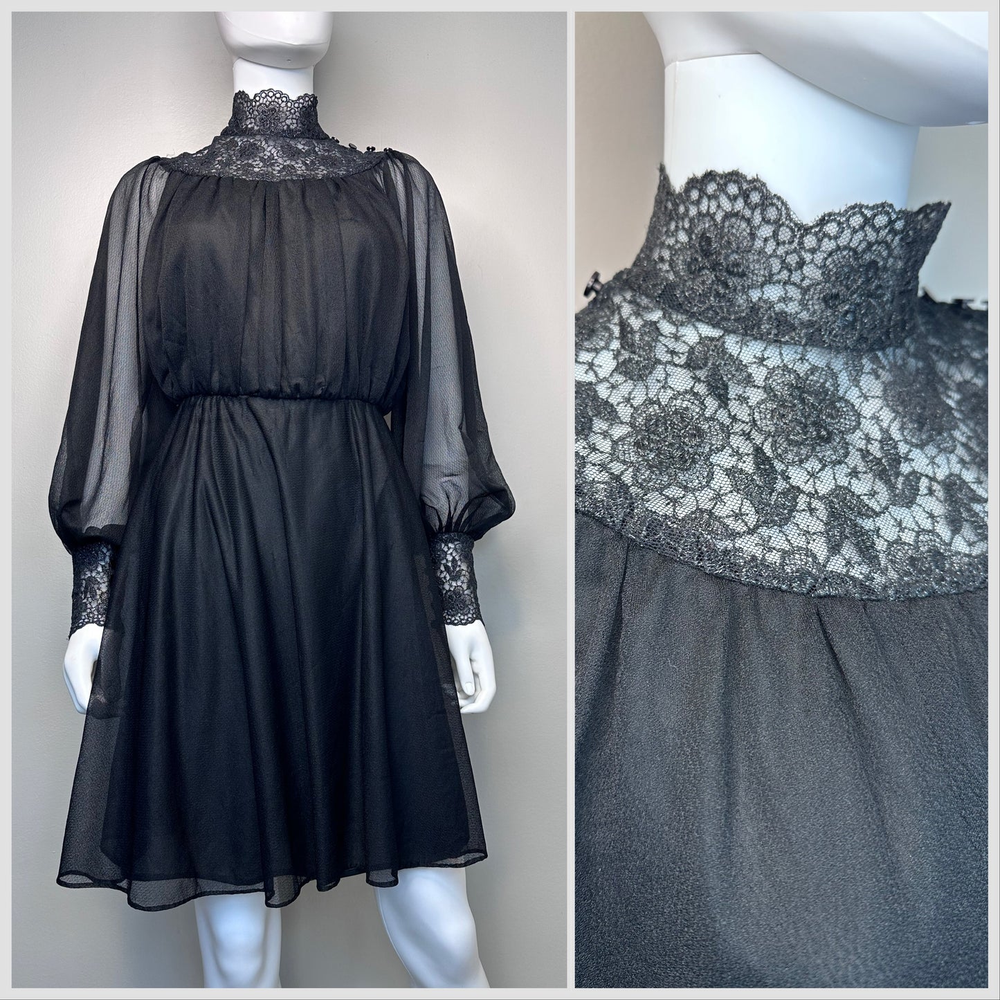 1970s/80s Sheer Black Victorian Inspired Dress, Size Small, High Neck, Balloon Sleeves, Lace, Whimsy Goth
