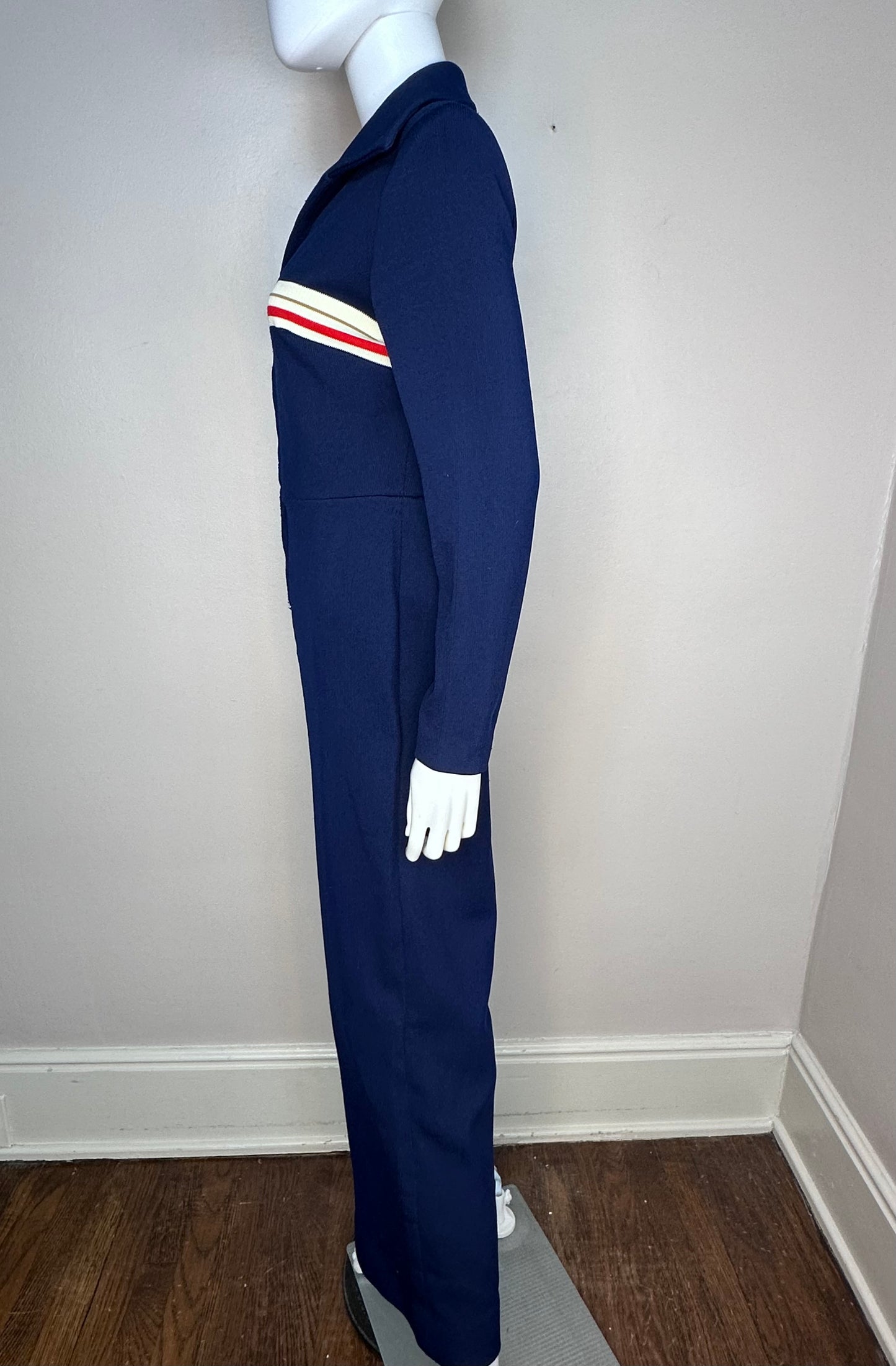 1970s Navy Blue Polyester Zip Up Jumpsuit, Size M/L, Wide Leg