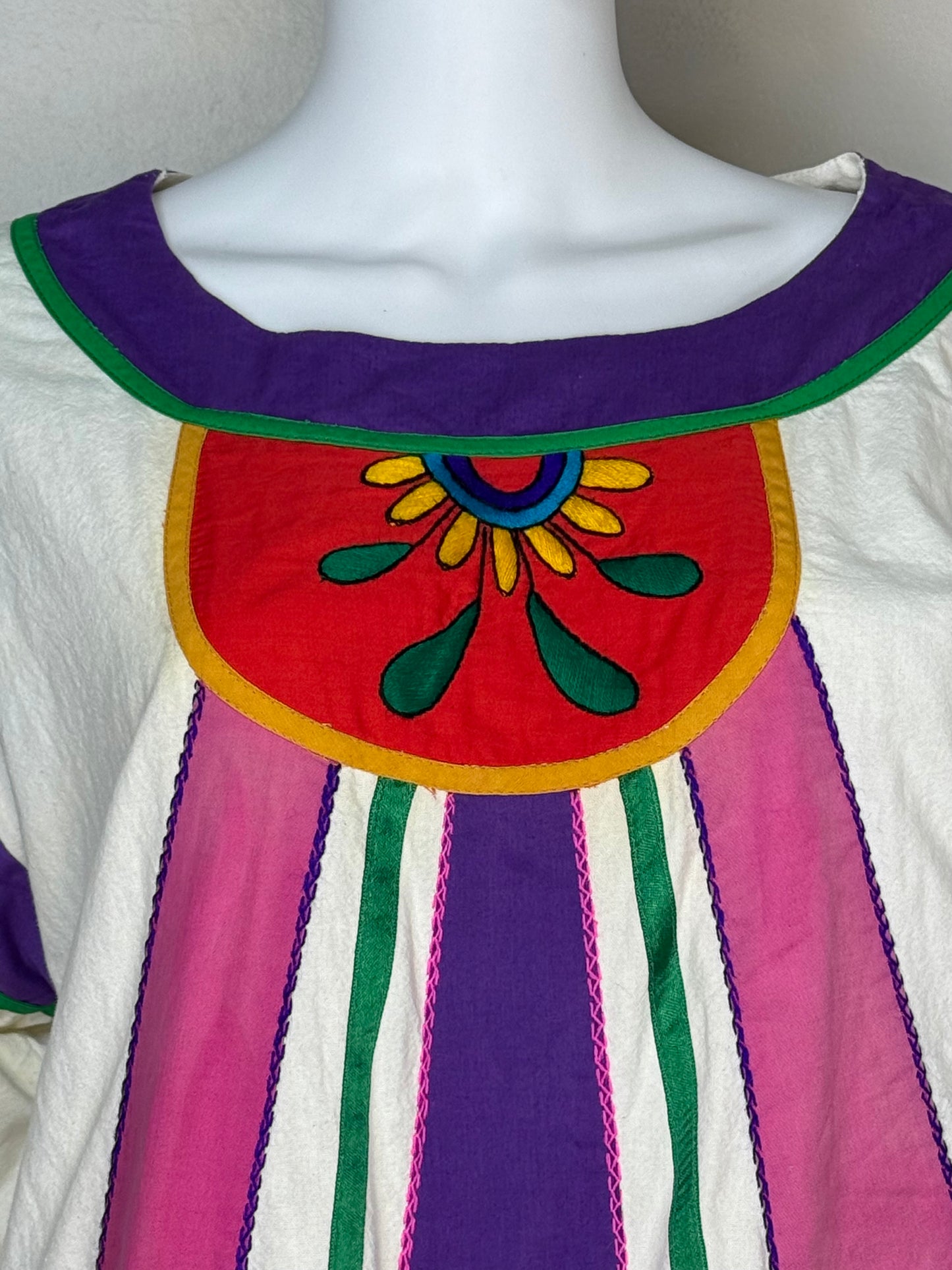 1970s Bright Embroidered and Appliquéd Midi Caftan Dress, Victor Camarena Mexico Size Medium, Wearable Art