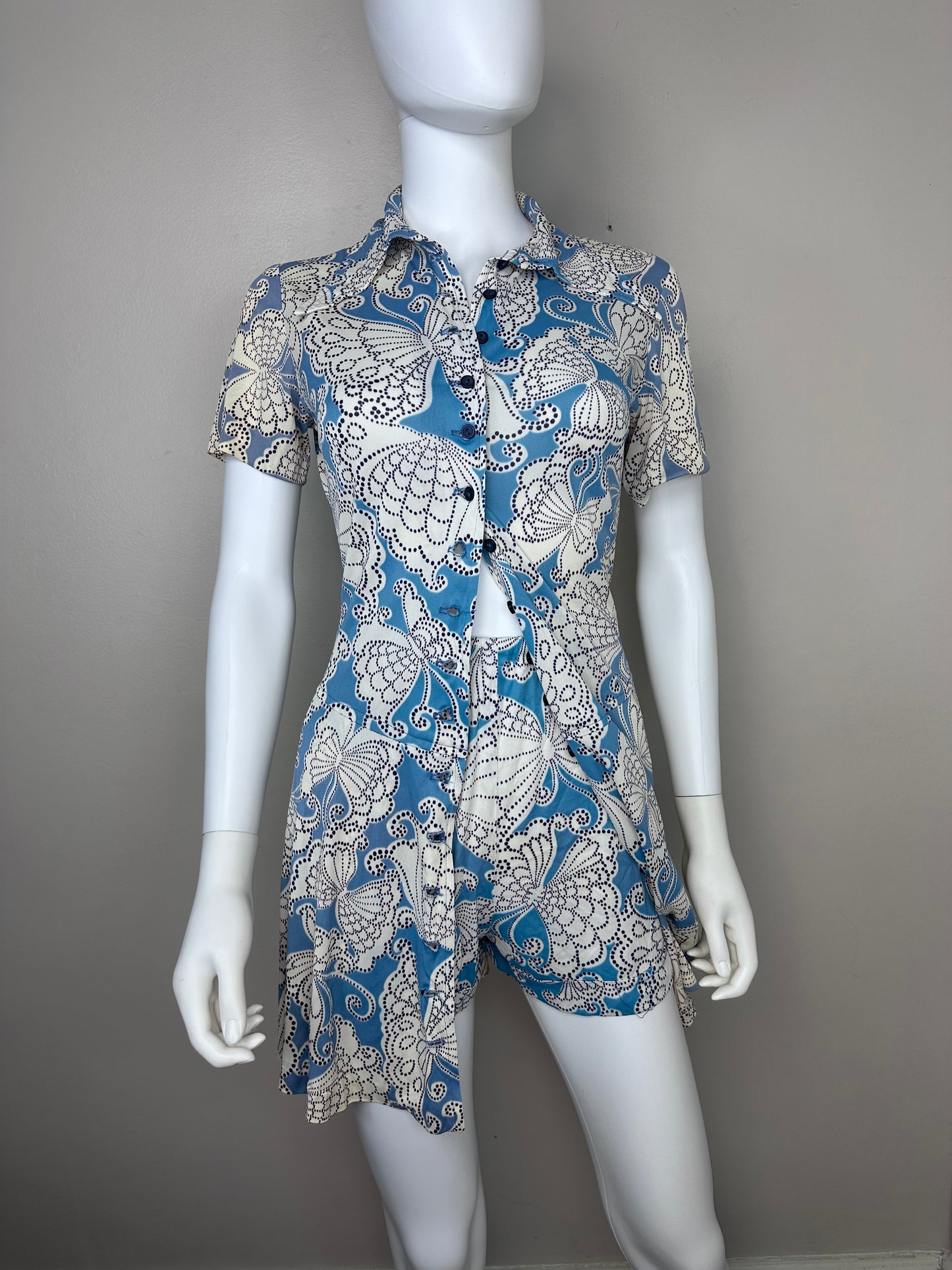1970s Blue Butterfly Sizzler Set, Micro Mini Dress and Hot Pants Shorts, Teena Paige Fashions Size Small