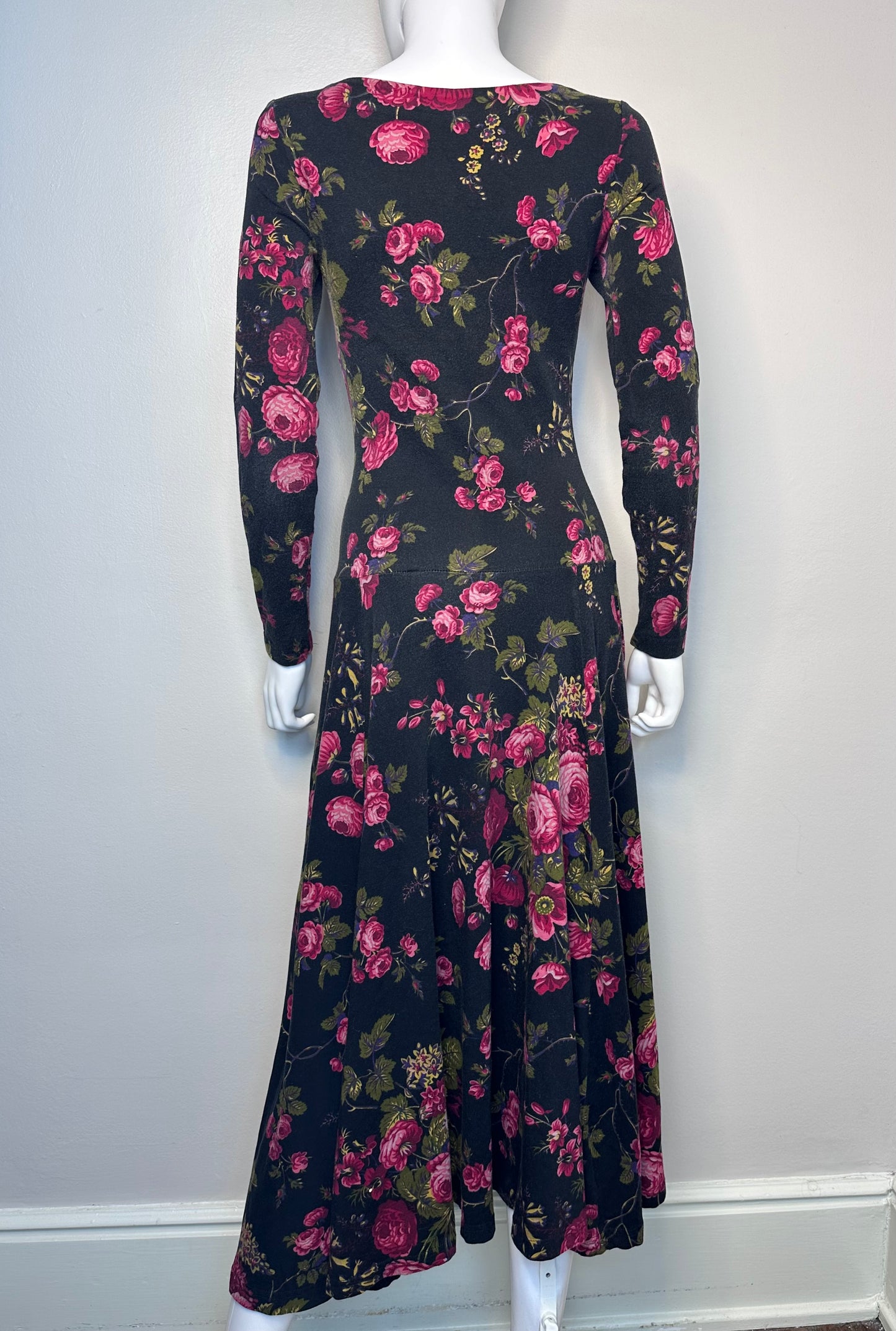 1990s Black Floral Knit Maxi Dress, Betsey Johnson Size Small, Sweetheart Neckline, Drop Waist