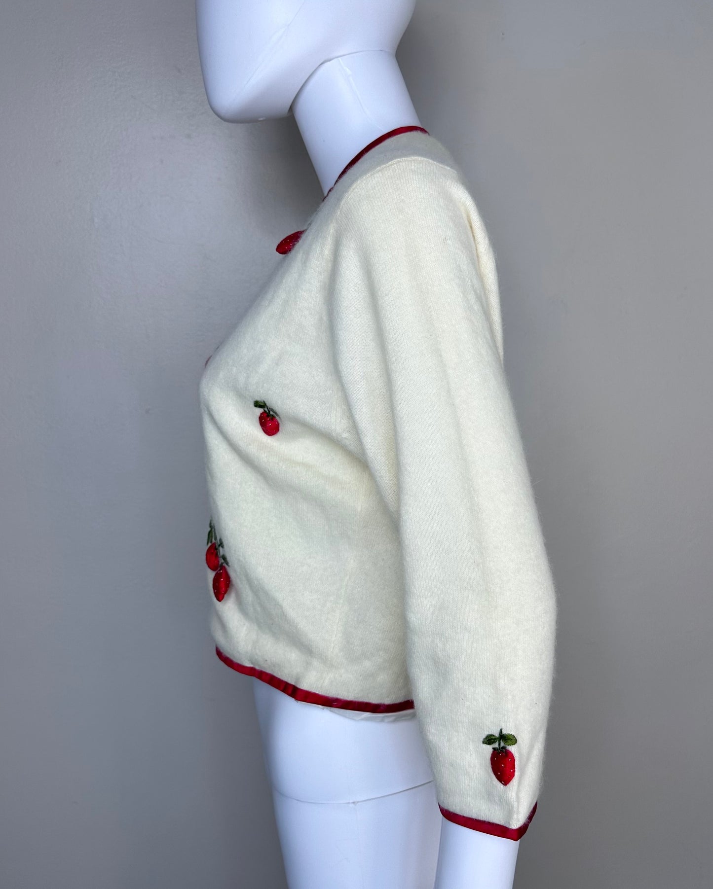 1960s Cardigan Sweater with 3D Strawberries, Doncaster Size Medium