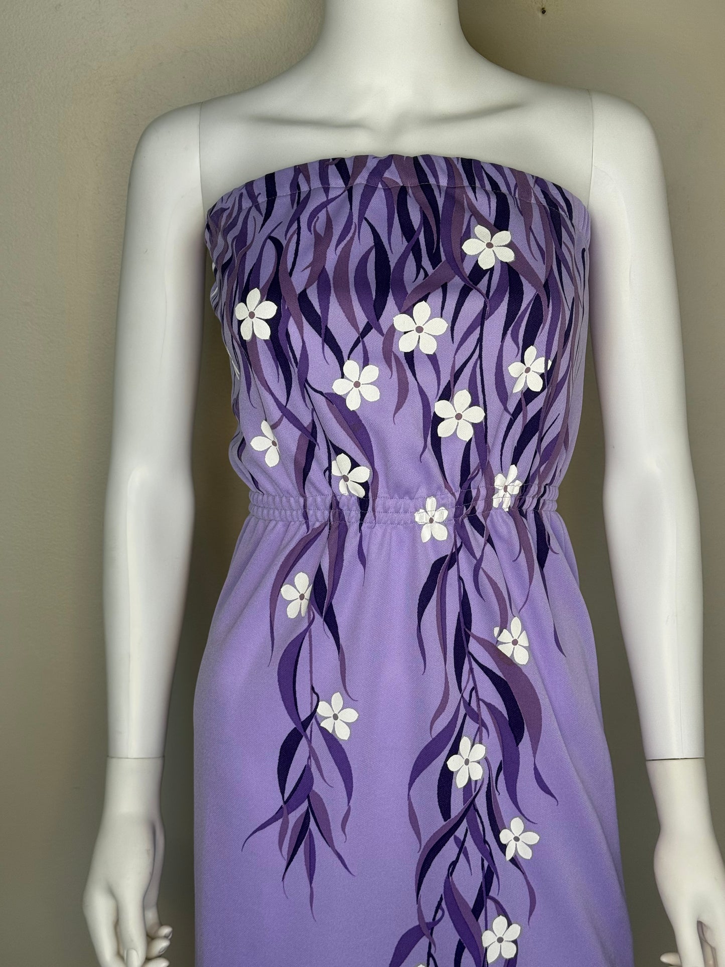 1970s Purple Strapless Maxi Dress, Alfred Shaheen Hawaii Size XS, Hawaiian Sundress