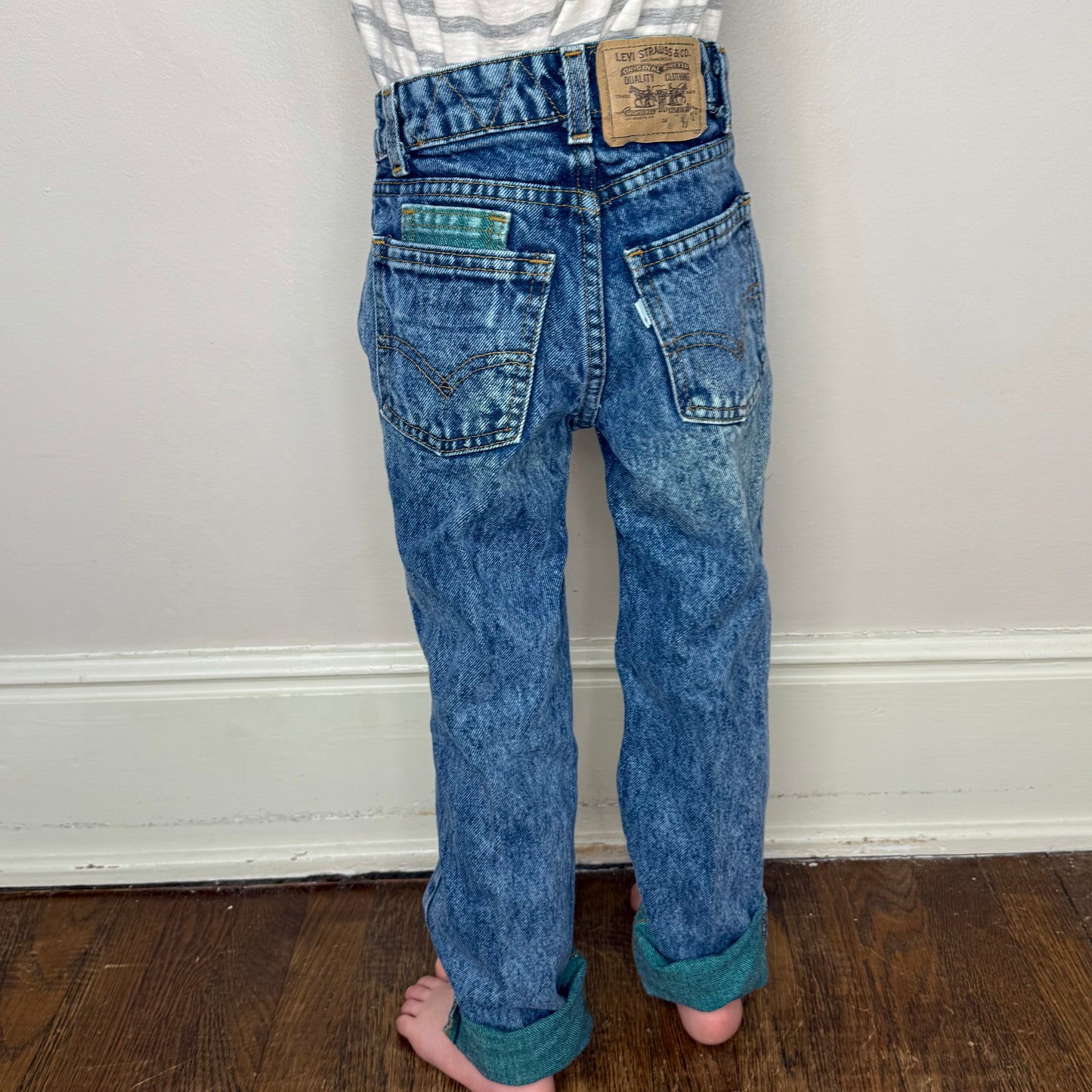 1980s Stone Wash Blue Jeans with Green Denim Accents, Levi’s Size 8, White Tab
