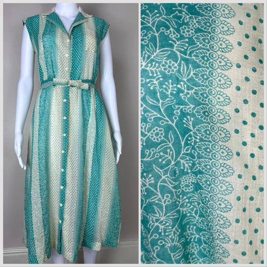 1970s Jody T Green Lace Print Sleeveless Shirt Dress, Size S/M