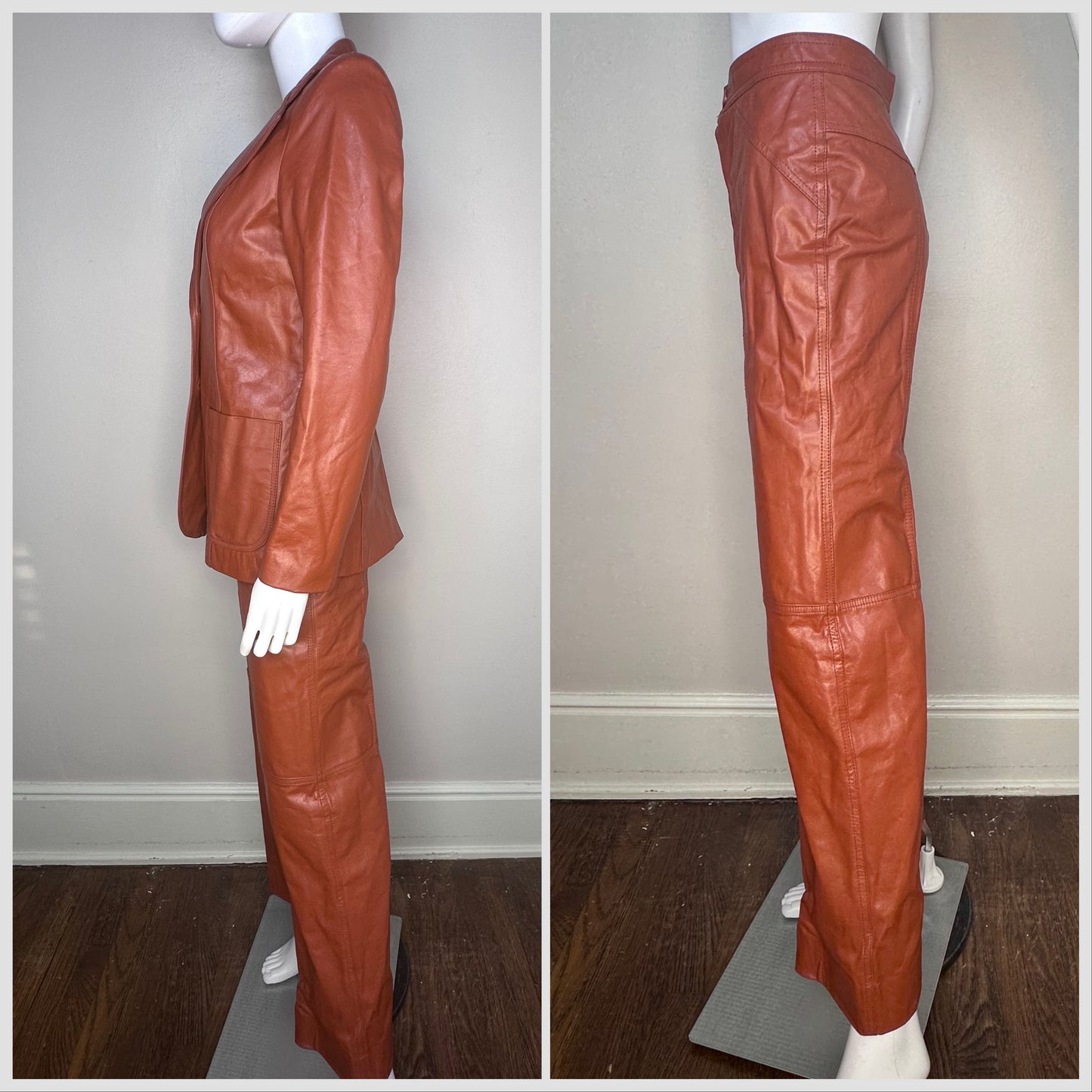 1970s Women’s Brown Leather Three Piece Pant Suit, Margaret Godfrey for Bagatelle Size XS, Blazer Vest Pants