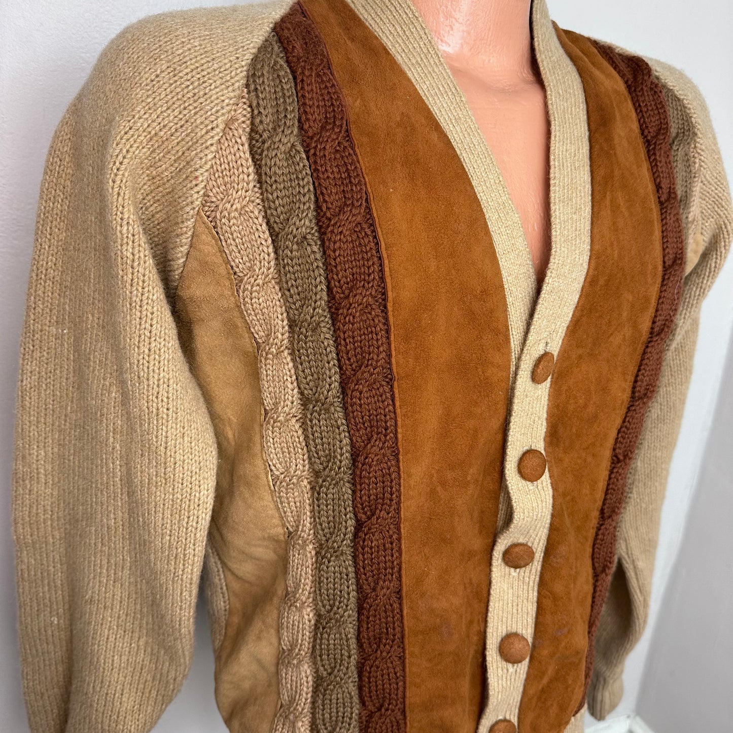 1960s Men’s Tan Wool and Brown Suede Cardigan Sweater, Gloray Knitting Mills Size Medium