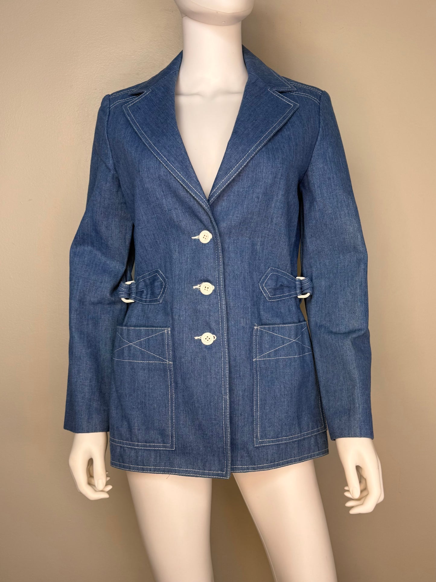 1970s Denim Blazer Jacket, Jack Winter Size Small, Side Buckles