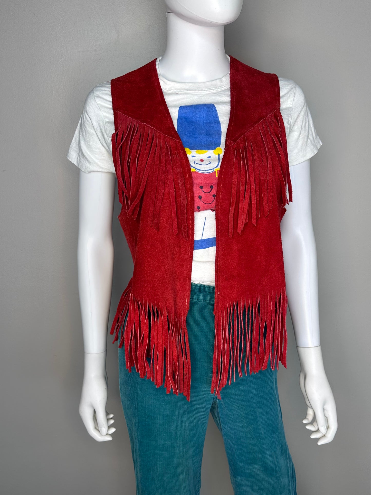 1970s Red Leather Fringe Vest, Size Small-Medium