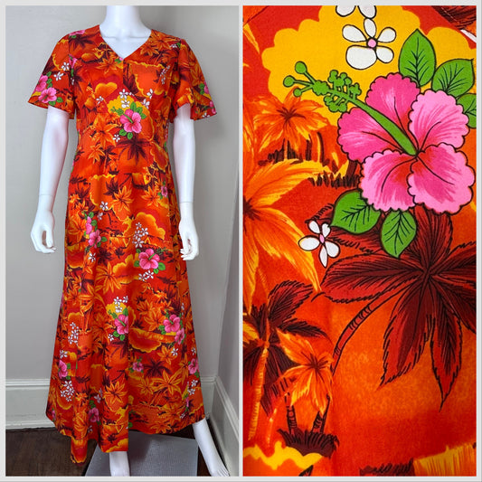 1970s Orange Tropical Floral Maxi Dress, Royal Hawaiian Size M/L
