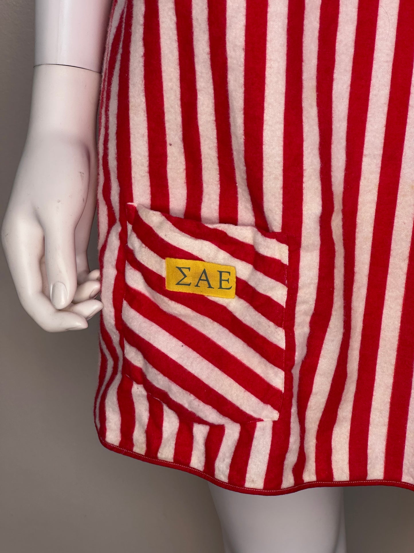 1950s/60s Sigma Alpha Epsilon Pajama Party Flannel Night Shirt and Cap, Size XS/S, Red and White Stripes