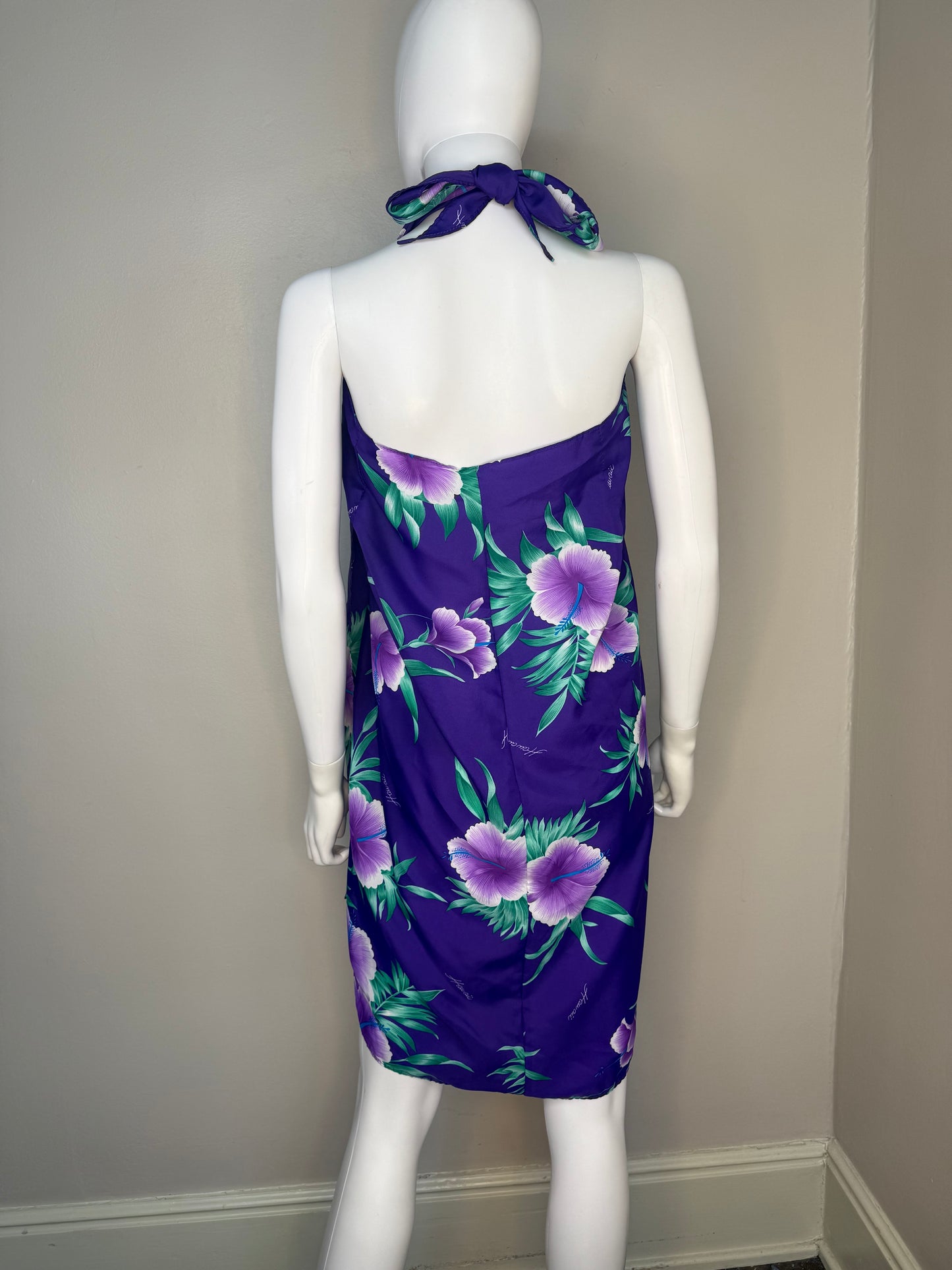 1980s Hawaiian Halter Wrap Dress, Sarong Skirt, Helena’s Hawaii, Tropical Purple Floral