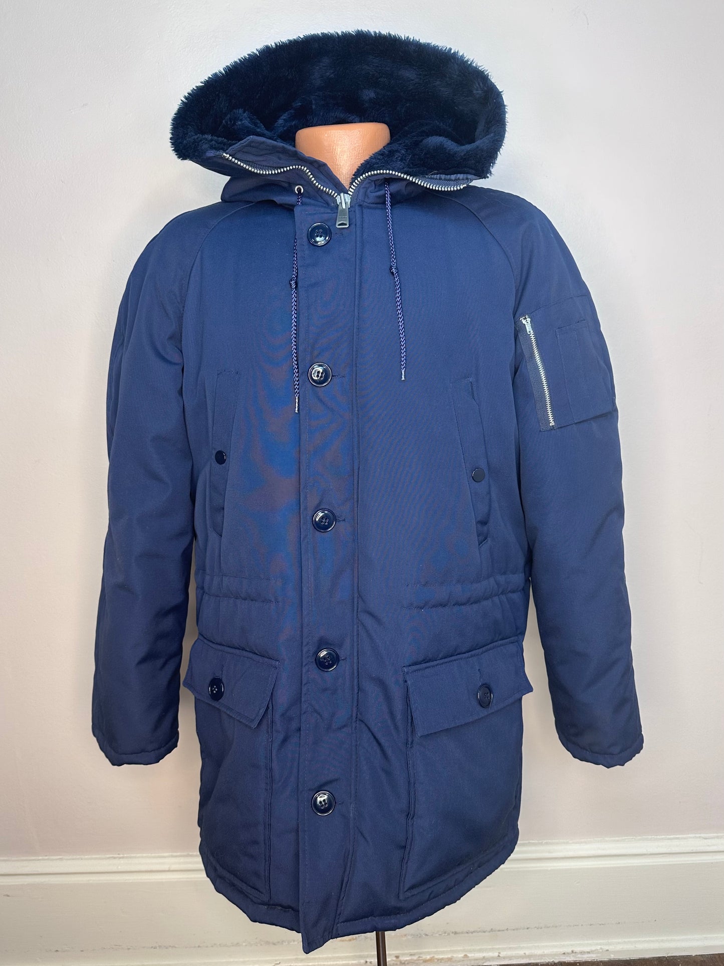 1970s/80s Navy Blue Parka Coat, Sears Work n Leisure Size M/L