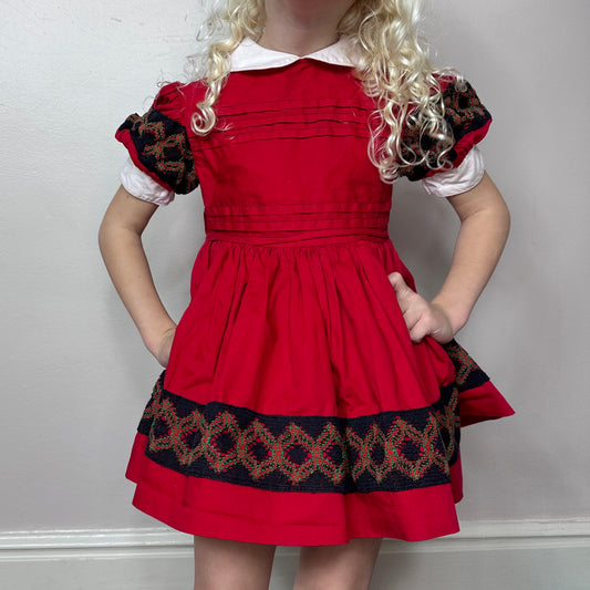 1950s Girls’ Red Cotton Dress, Little Miss Heidi Size 3/4t, Full Circle Skirt