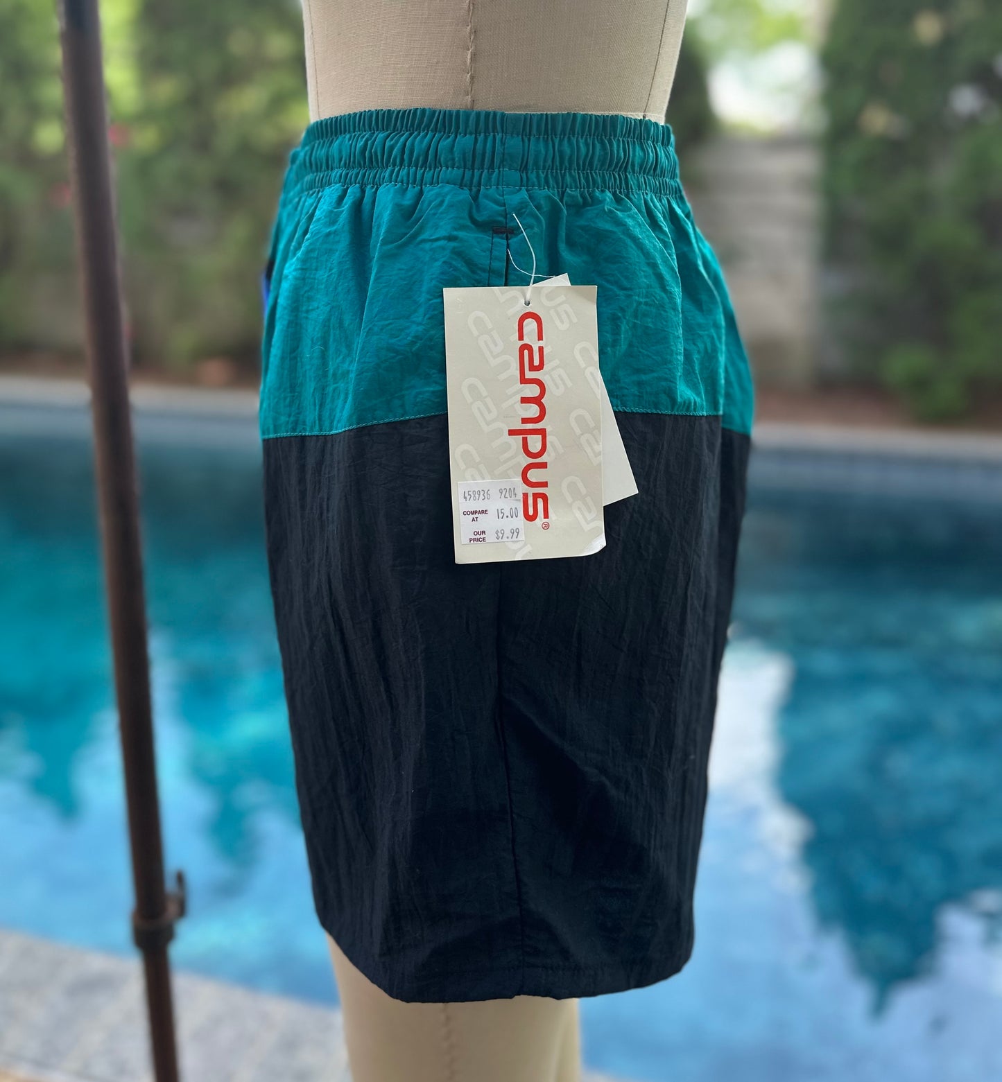 1990s Men’s Swim Trunks, Color Block, Campus Size Large, Deadstock with Tags