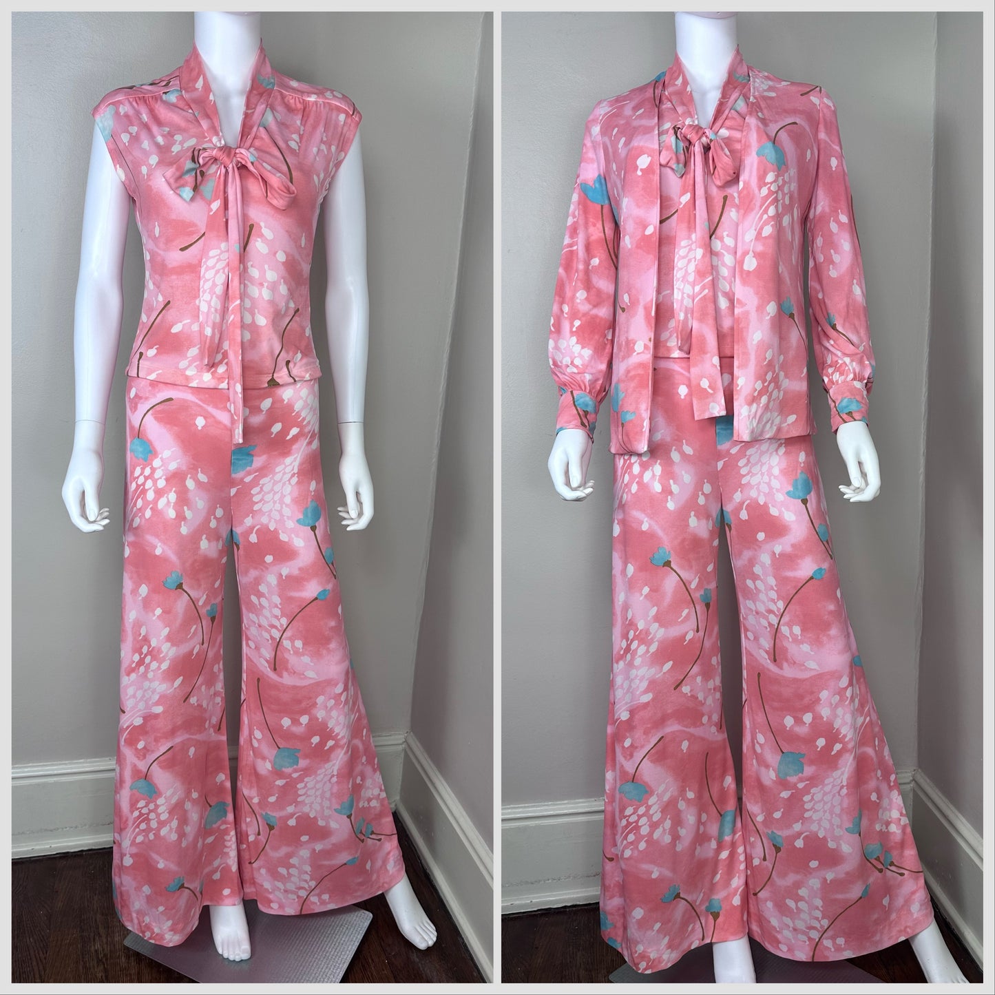 1970s Floral 3 Piece Set, Pant Suit, Leslie J Size Medium, Sleeveless Top, Long Sleeve Top