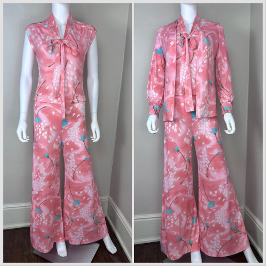 1970s Floral 3 Piece Set, Pant Suit, Leslie J, Sleeveless Top, Long Sleeve Top