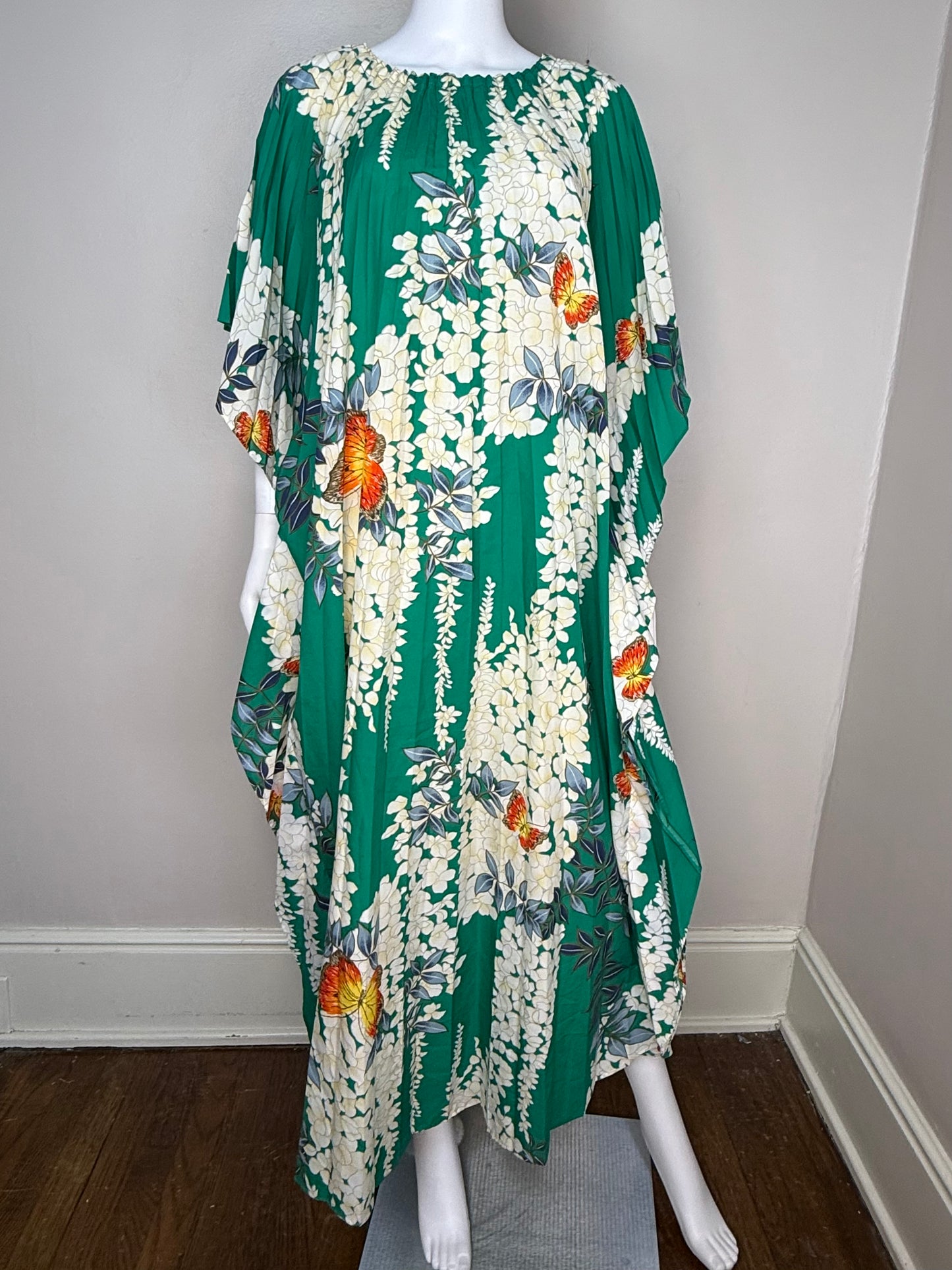 1970s Hawaiian Floral and Butterfly Caftan, Accordion Pleat, Open Sizing