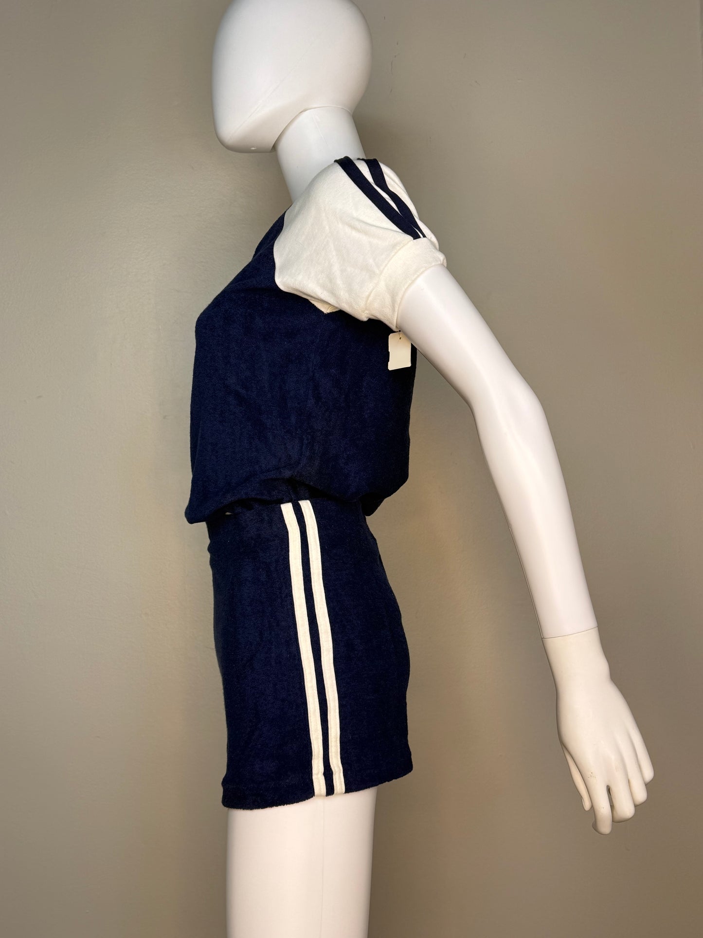 1970s Navy Blue Terrycloth Top and Shorts Set, Size XS/Small