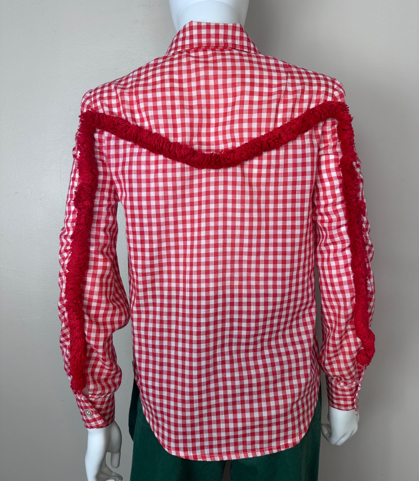 1970s Red Gingham Check Blouse with Fringe, Size Small, Western Shirt