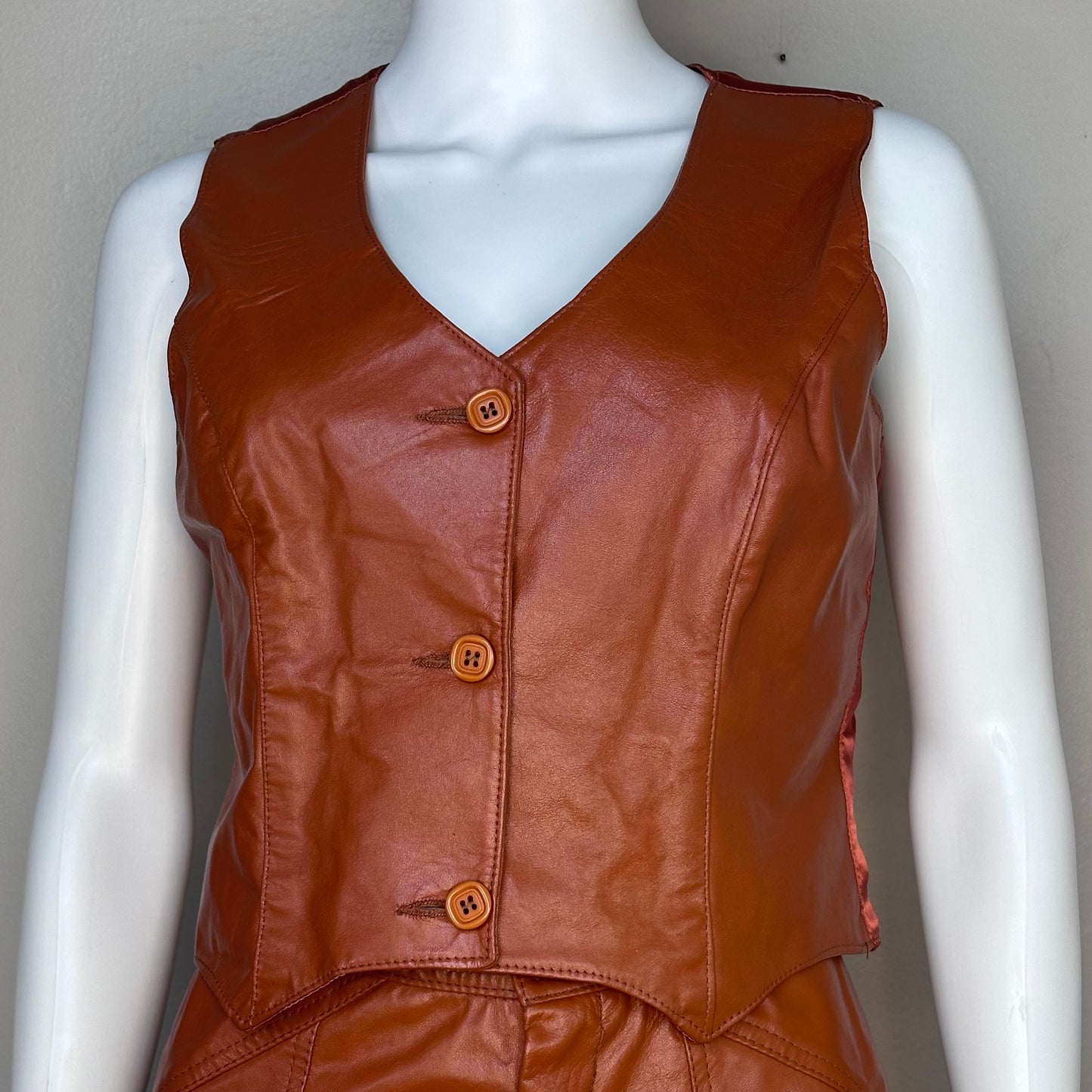 1970s Women’s Brown Leather Three Piece Pant Suit, Margaret Godfrey for Bagatelle Size XS, Blazer Vest Pants