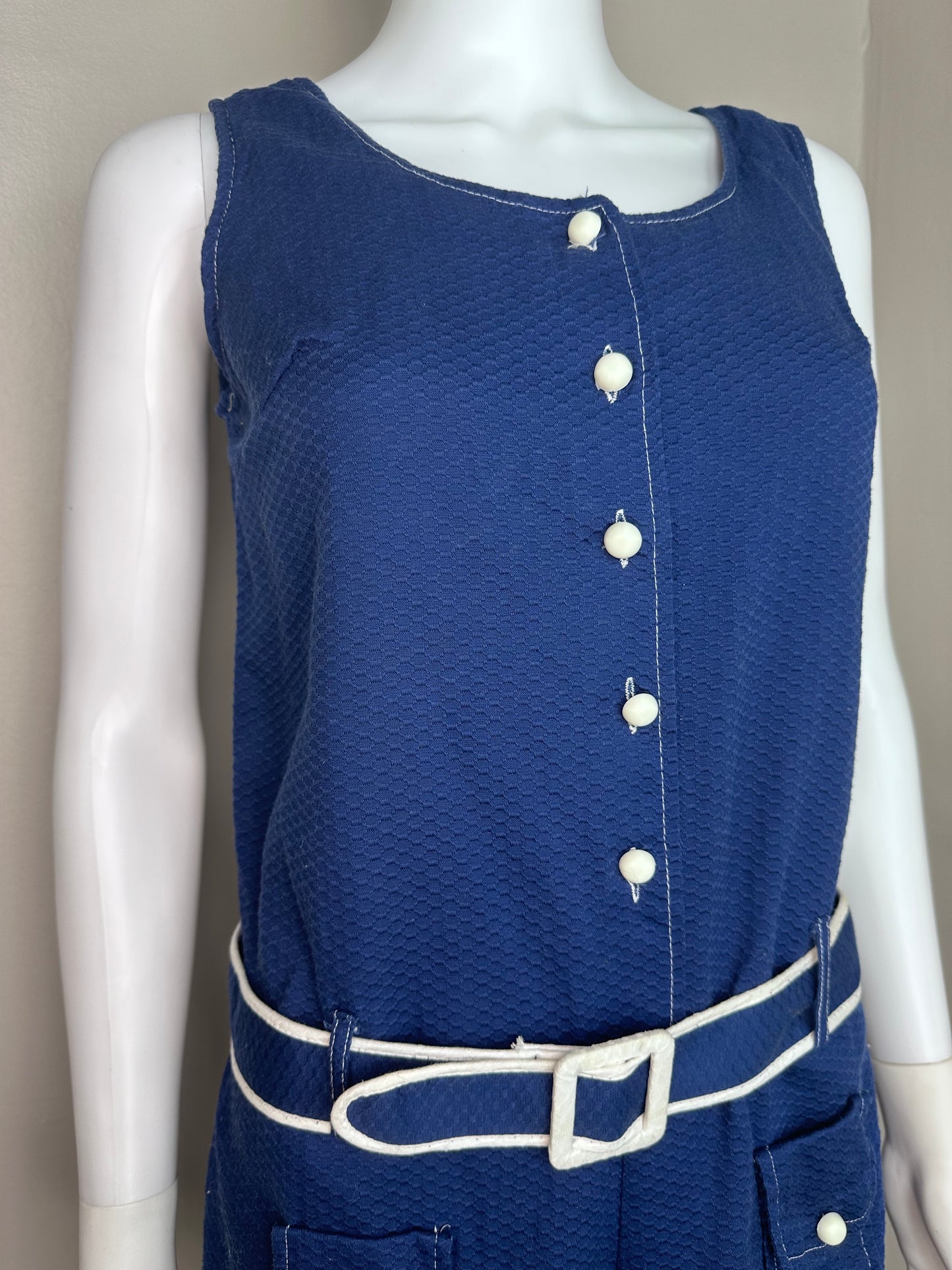 1970s Navy Blue Mod Romper, Size Small, Sleeveless, Drop Waist