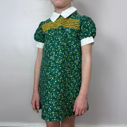 1970s Green Floral Smocked Short Sleeve Dress, Sears Size 4