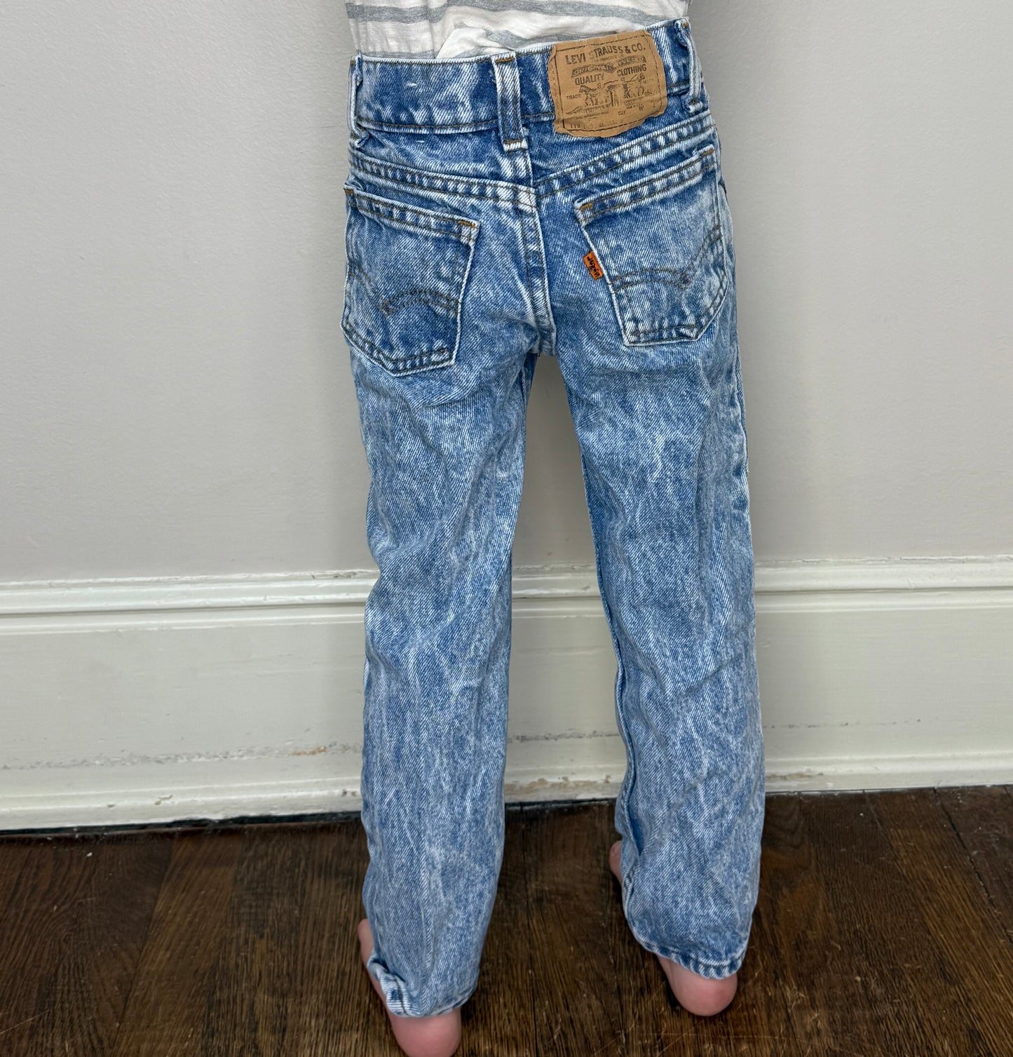 1980s Kids Acid Wash Blue Jeans, Little Levi’s Size 6, Orange Tab
