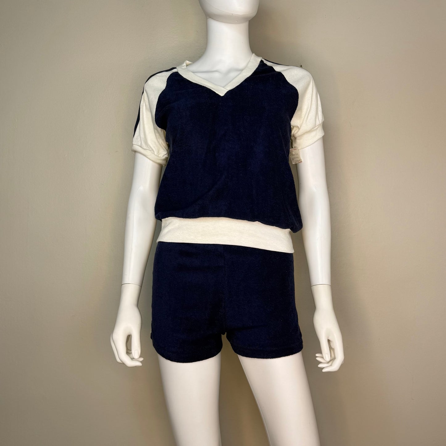 1970s Navy Blue Terrycloth Top and Shorts Set, Size XS/Small