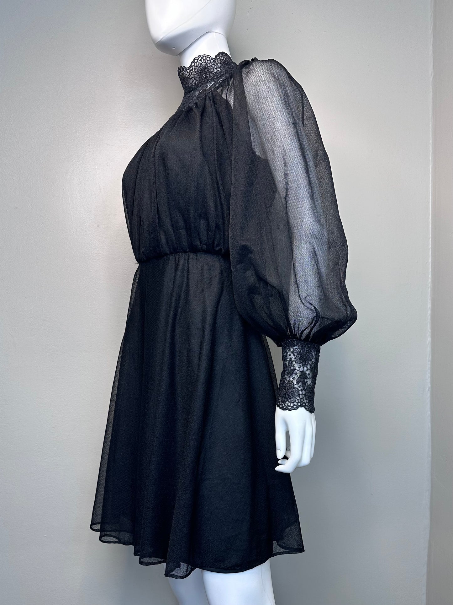 1970s/80s Sheer Black Victorian Inspired Dress, Size Small, High Neck, Balloon Sleeves, Lace, Whimsy Goth