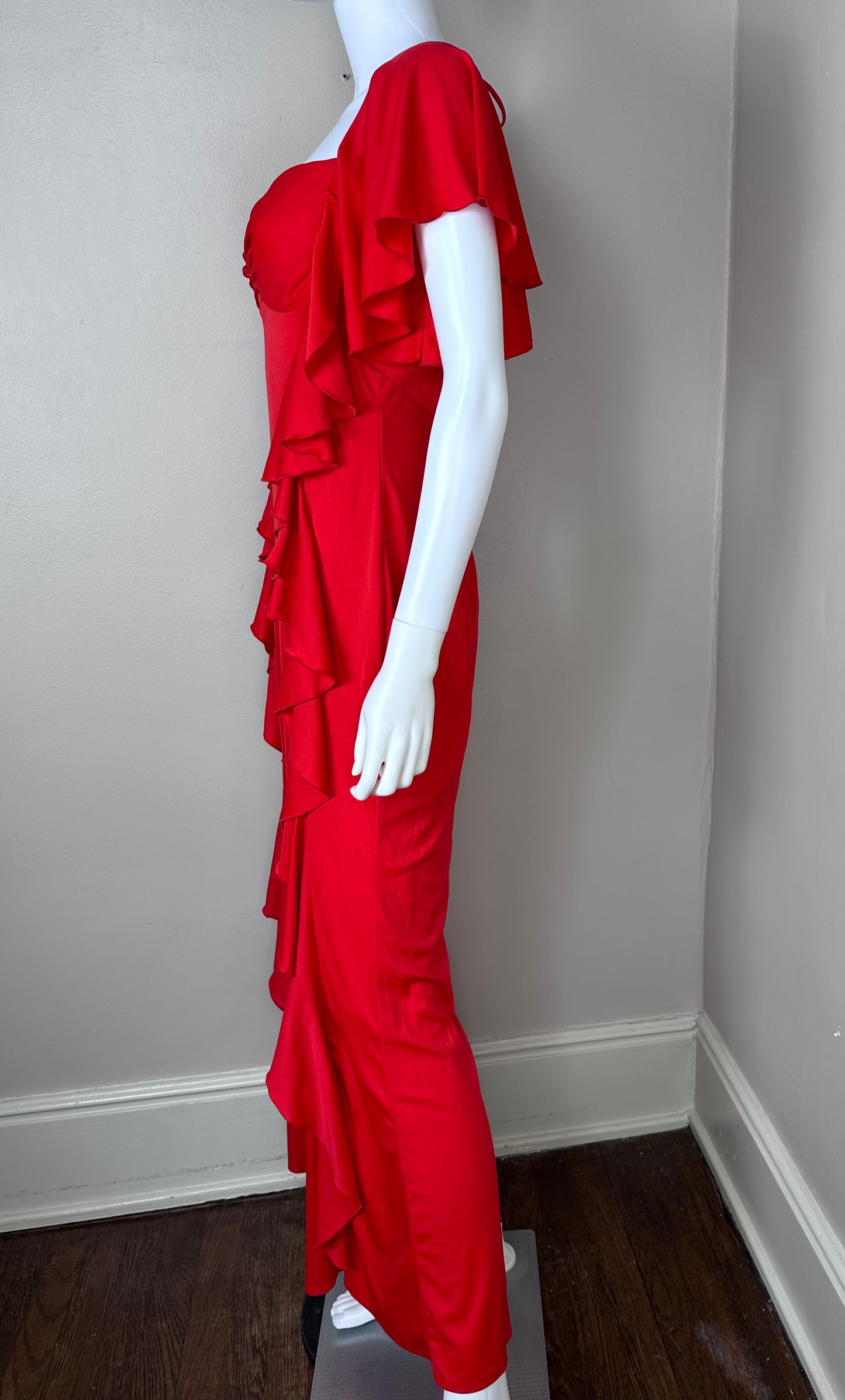1970s Red Bellbottom Jumpsuit with Ruffles, Jack Hartley Size Small-Medium