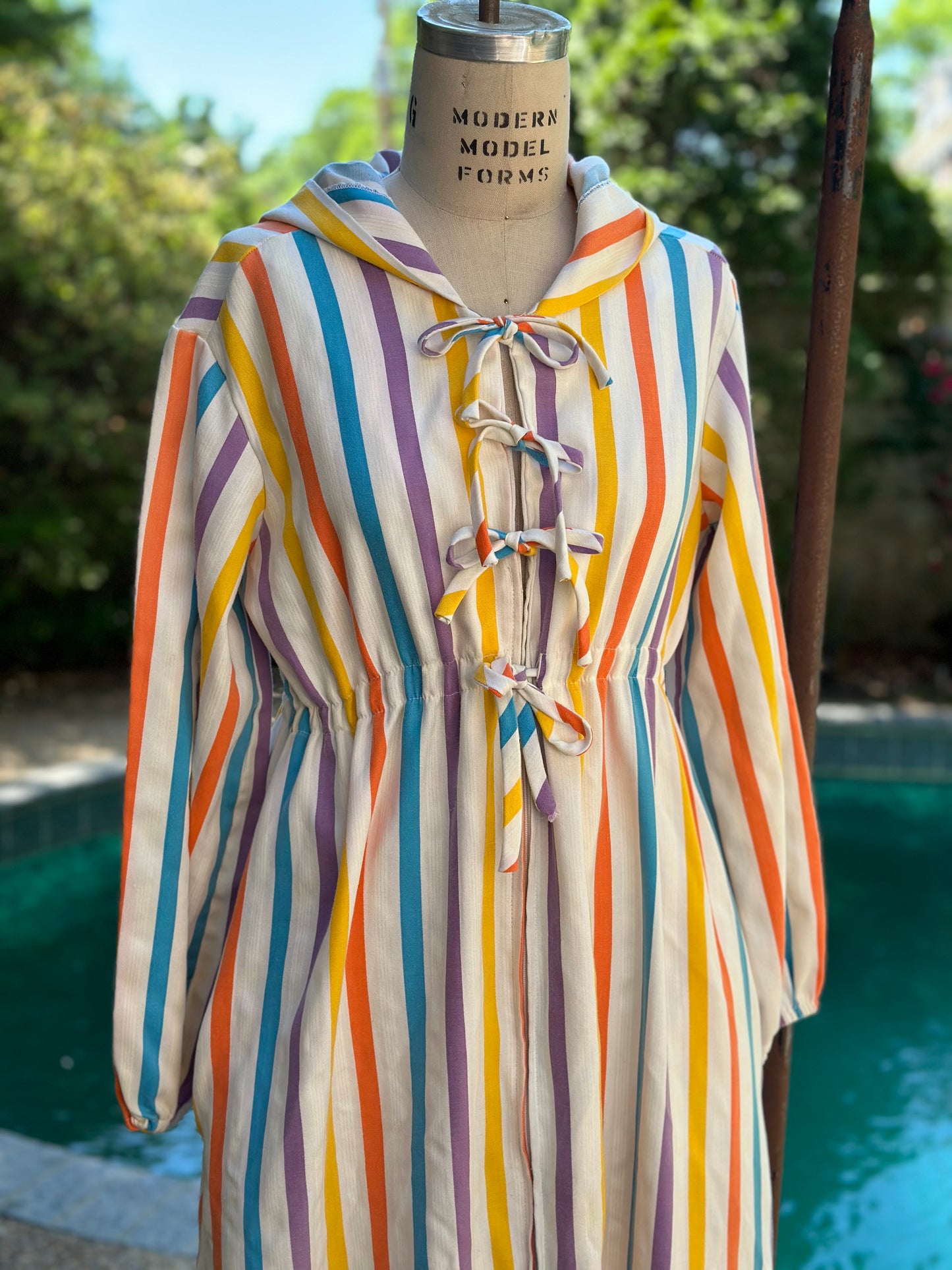 1970s/1980s Rainbow Stripe Cotton Robe with Hood, Sundaze Size Small-Medium