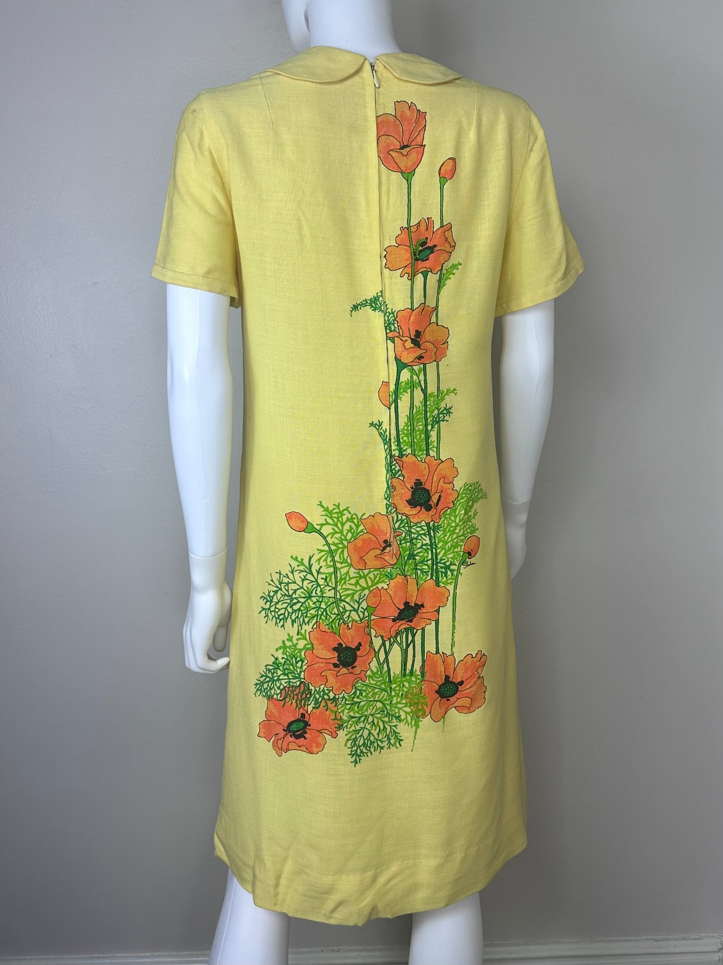 1970s Alfred Shaheen Yellow Floral Dress, Size S/M, Hand Printed in Hawaii, Handmade
