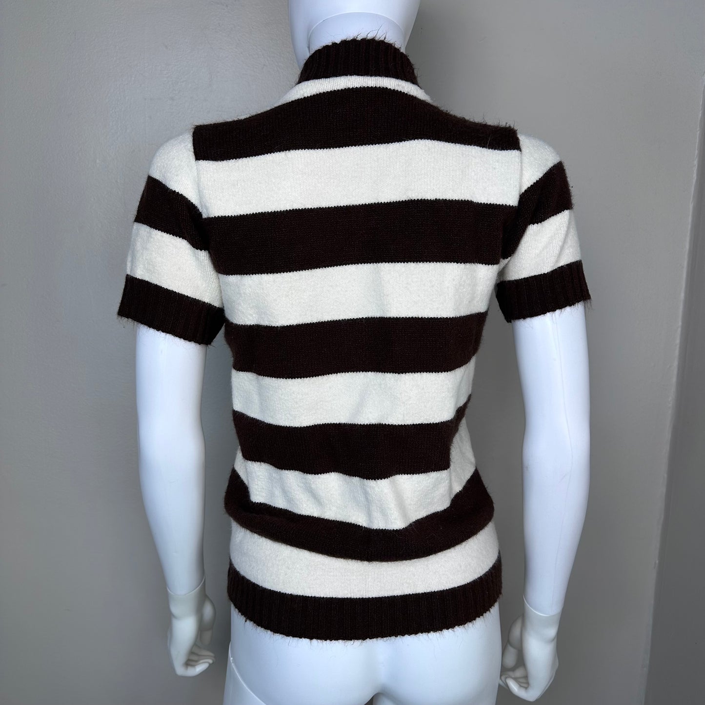1970s/80s Brown and White Stripe Short Sleeve Cardigan Sweater, Alberoy Size Small