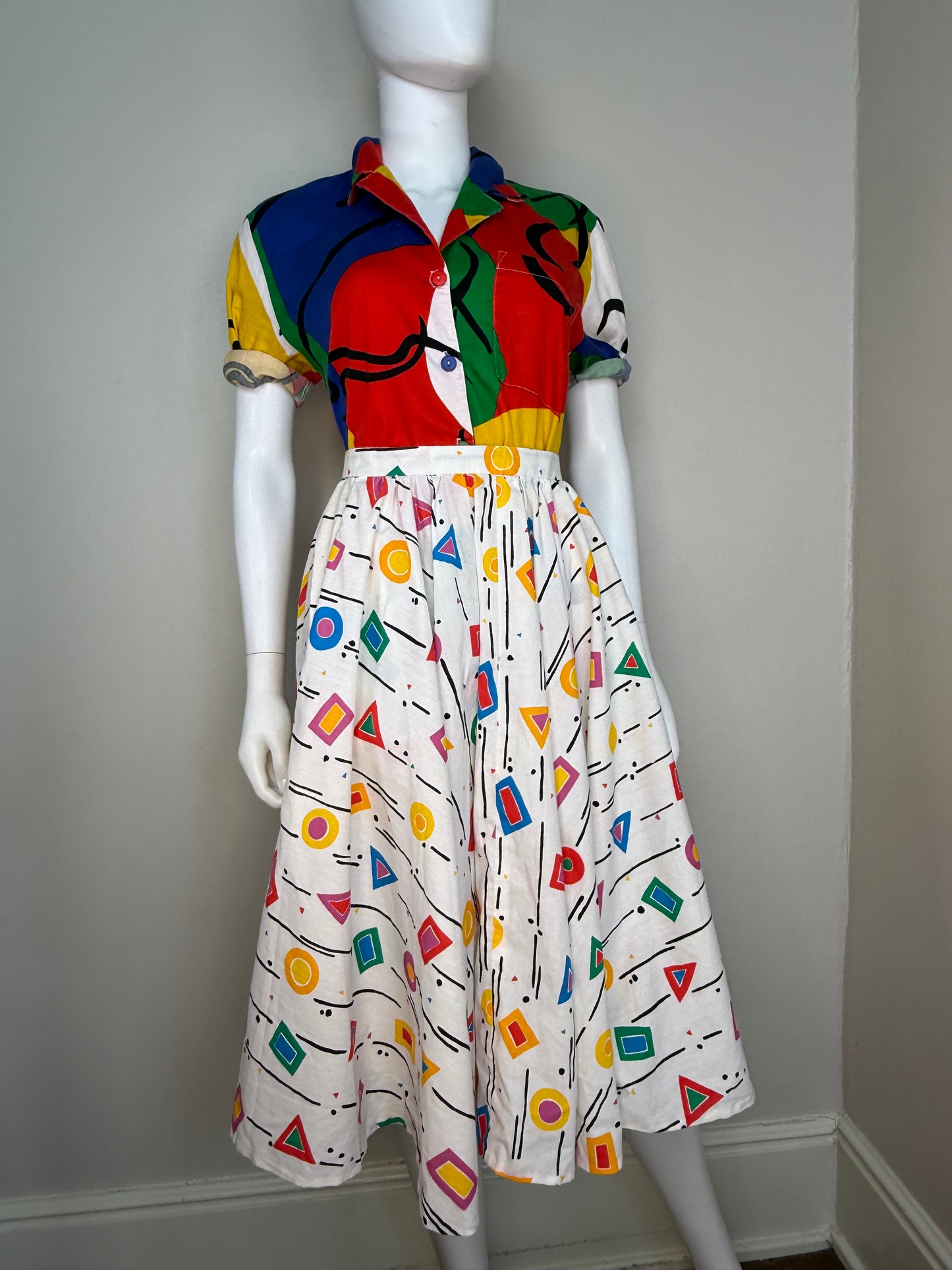 1980s Abstract Geometric Circle Skirt, Memphis Art Style, Handmade Size X-Small
