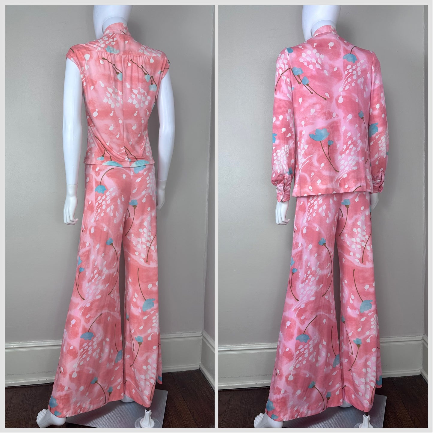 1970s Floral 3 Piece Set, Pant Suit, Leslie J Size Medium, Sleeveless Top, Long Sleeve Top