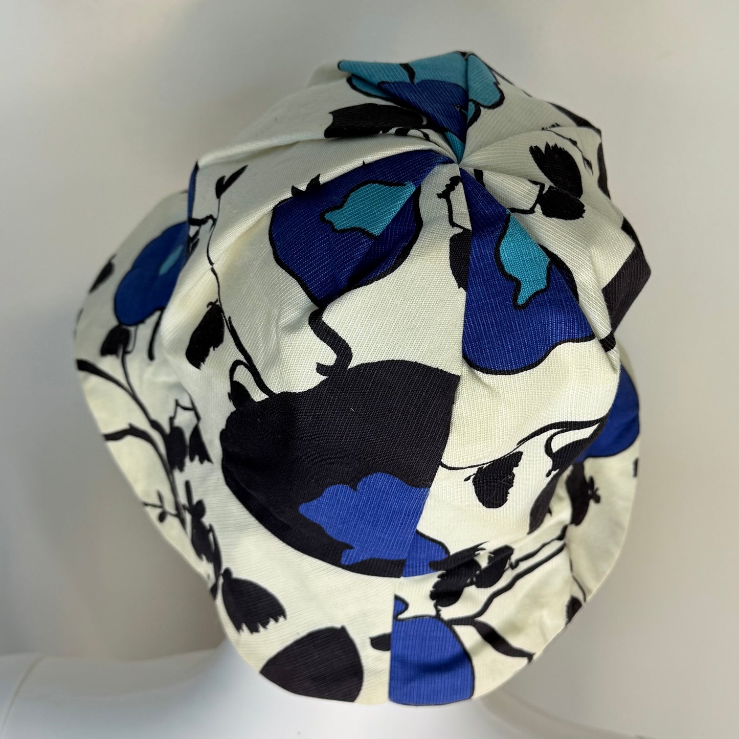 1960s Blue Floral Print Sun Hat with Scalloped Brim